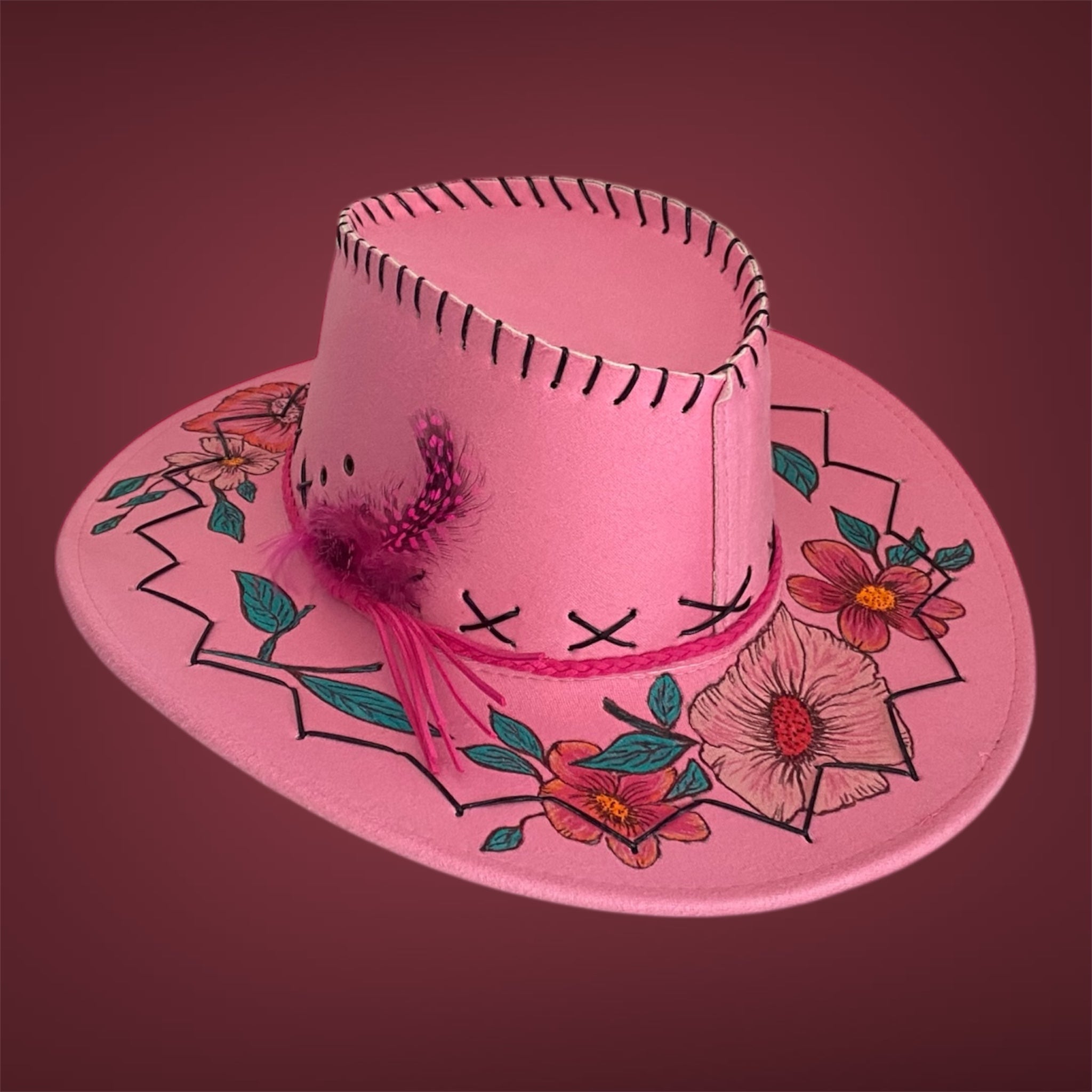 OOAK Custom Rancher Hat "Western Whimsy -  Flower Power"  handburned & handpainted, design