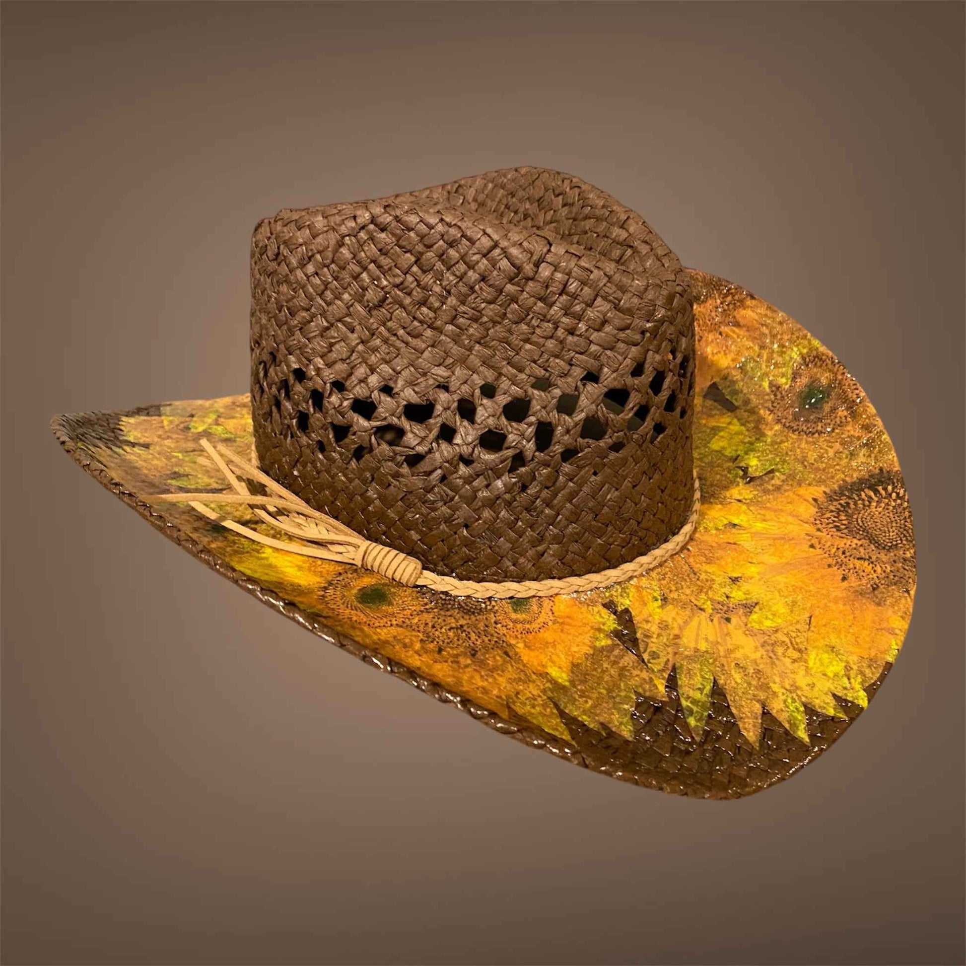 "Sunflowers": Custom Decoupage Straw-Raffia Cowboy  Hat, Teardrop Crown