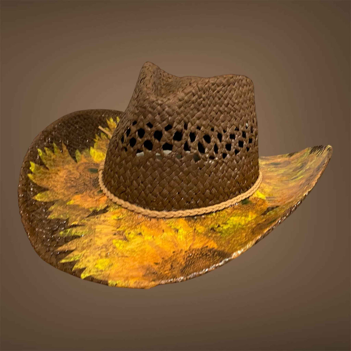 "Sunflowers": Custom Decoupage Straw-Raffia Cowboy  Hat, Teardrop Crown