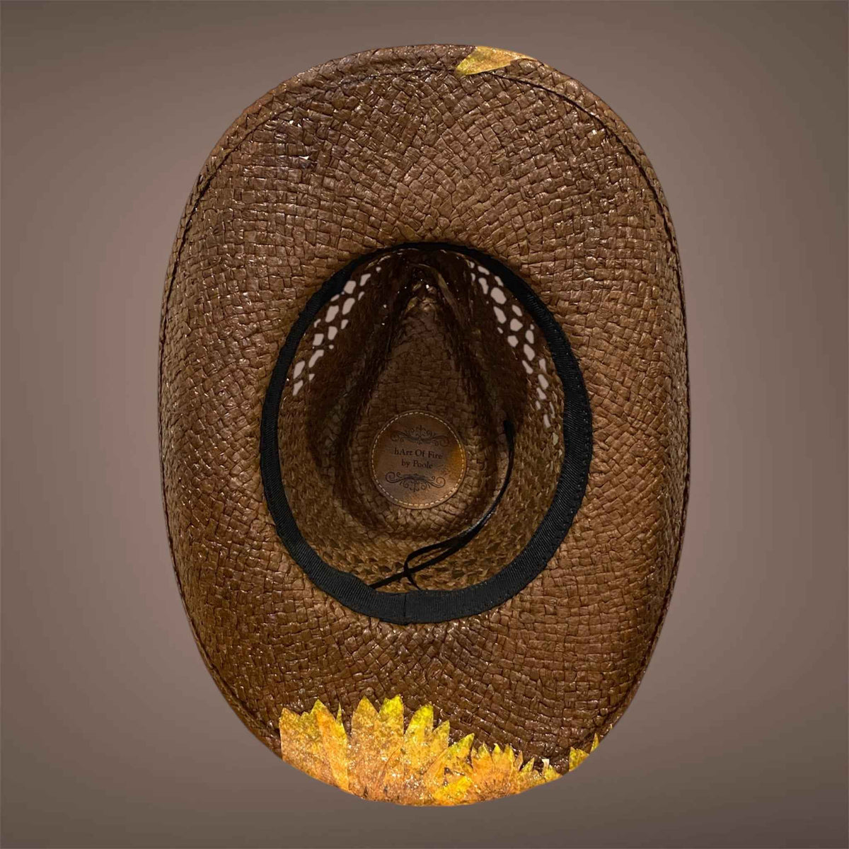 "Sunflowers": Custom Decoupage Straw-Raffia Cowboy  Hat, Teardrop Crown