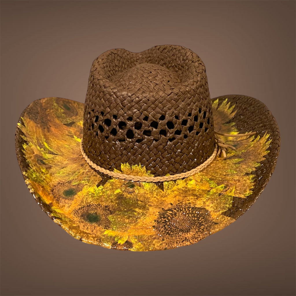 Decoupage Straw Cowboy  Hat: OOAK Custom Rancher Hat, Chocolate with Sunflowers
