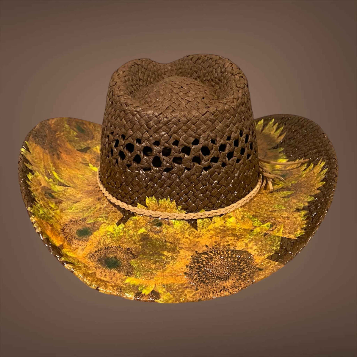"Sunflowers": Custom Decoupage Straw-Raffia Cowboy  Hat, Teardrop Crown