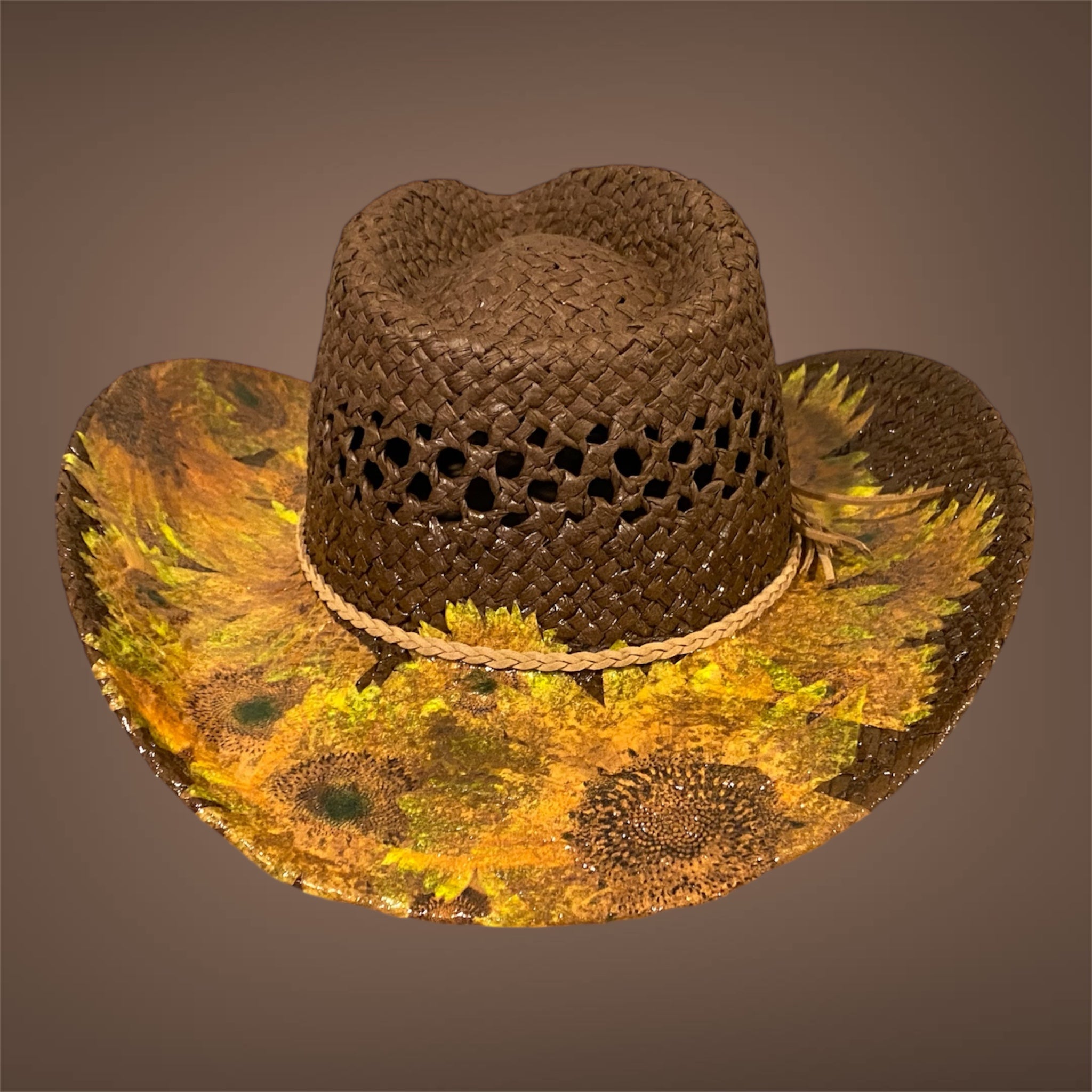Decoupage Straw Cowboy  Hat: OOAK Custom Rancher Hat, Chocolate with Sunflowers