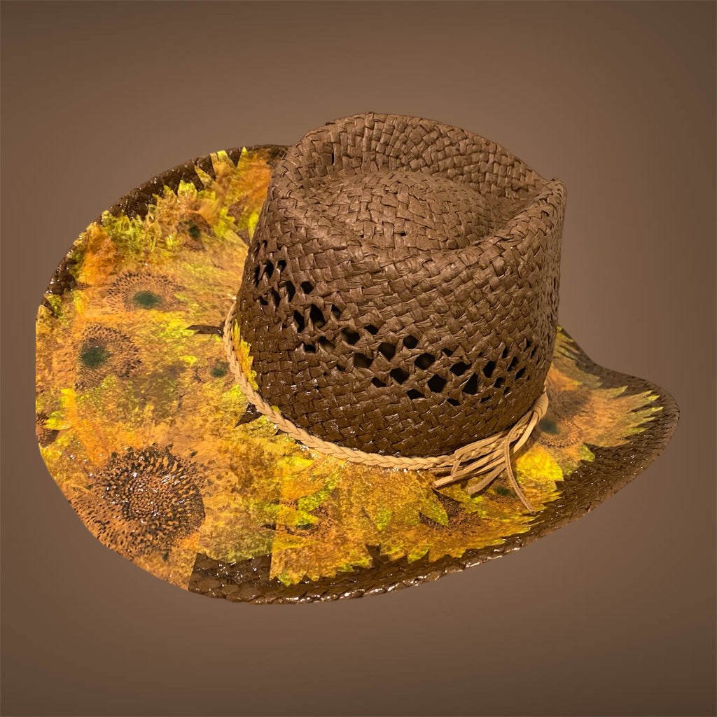 Decoupage Straw Cowboy  Hat: OOAK Custom Rancher Hat, Chocolate with Sunflowers