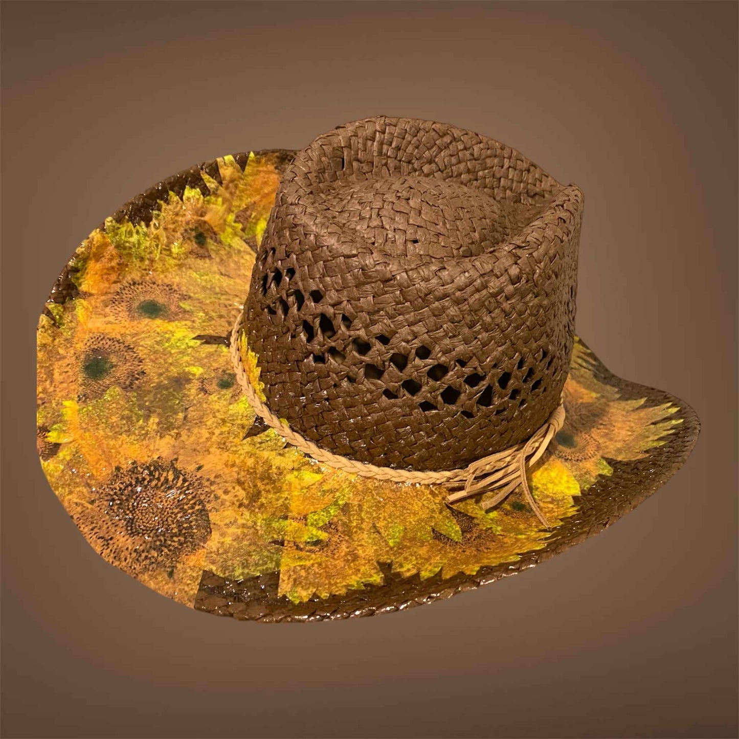 "Sunflowers": Custom Decoupage Straw-Raffia Cowboy  Hat, Teardrop Crown