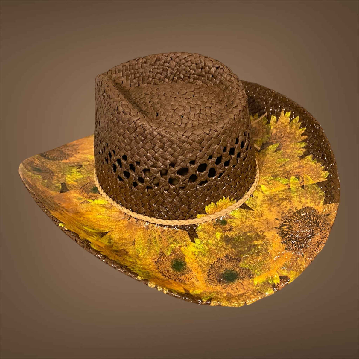 "Sunflowers": Custom Decoupage Straw-Raffia Cowboy  Hat, Teardrop Crown