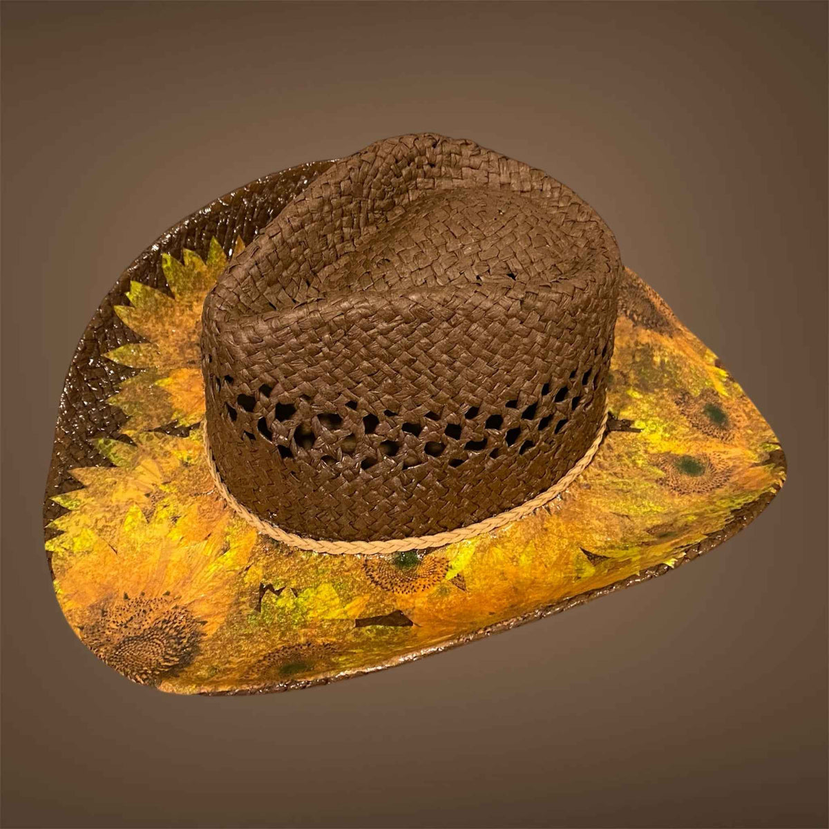 "Sunflowers": Custom Decoupage Straw-Raffia Cowboy  Hat, Teardrop Crown