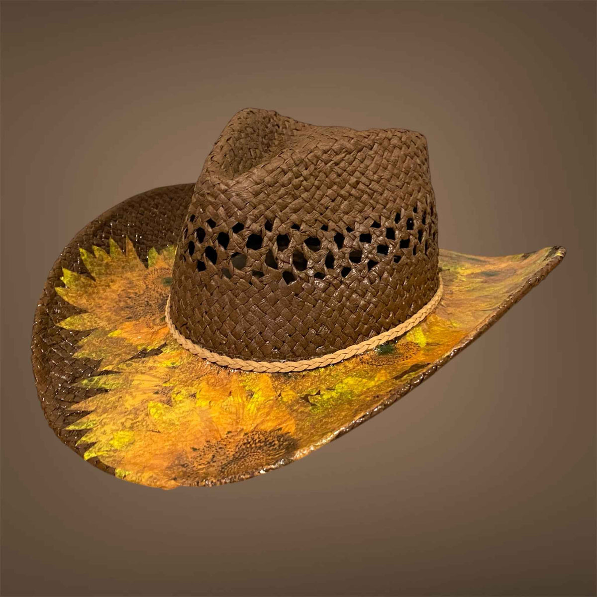 "Sunflowers": Custom Decoupage Straw-Raffia Cowboy  Hat, Teardrop Crown