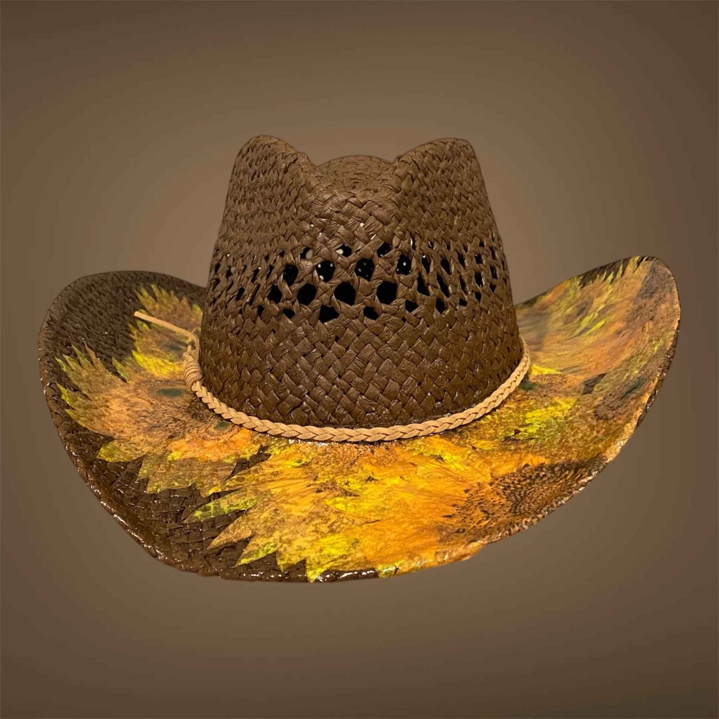 "Sunflowers": Custom Decoupage Straw-Raffia Cowboy  Hat, Teardrop Crown