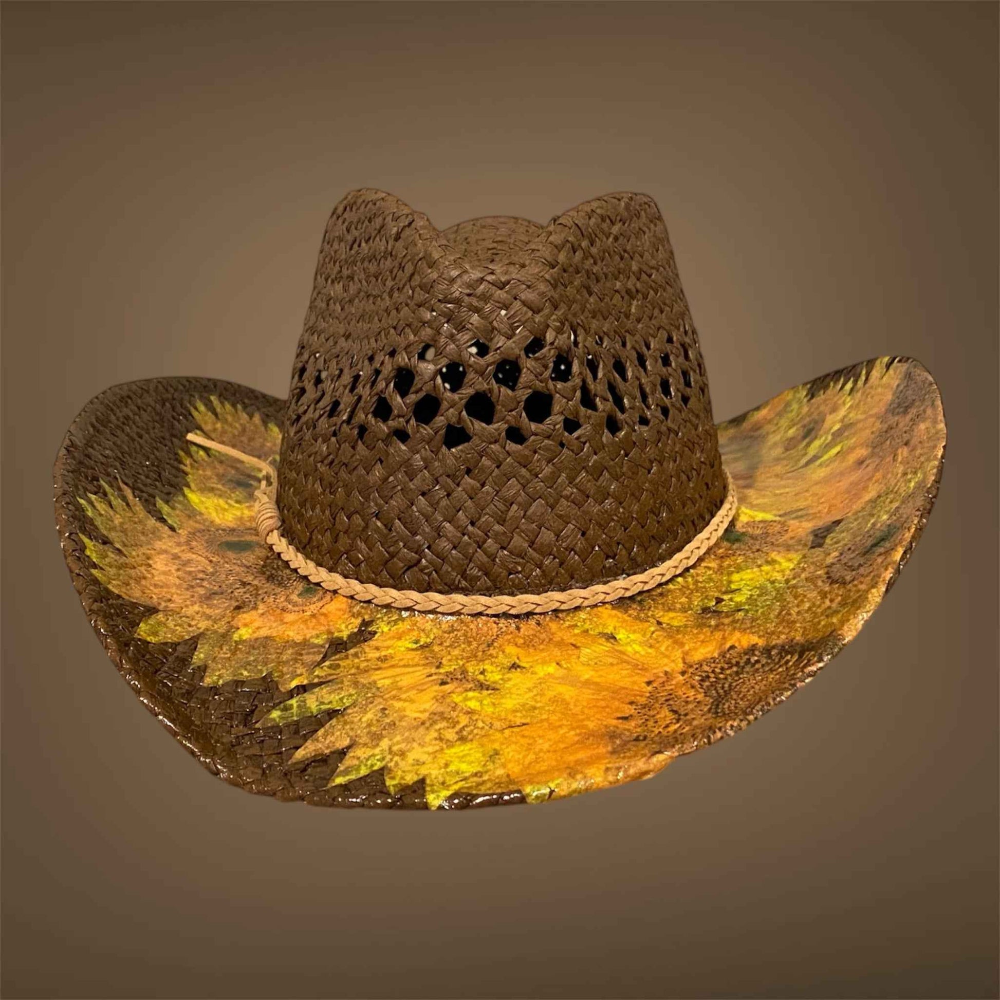 "Sunflowers": Custom Decoupage Straw-Raffia Cowboy  Hat, Teardrop Crown