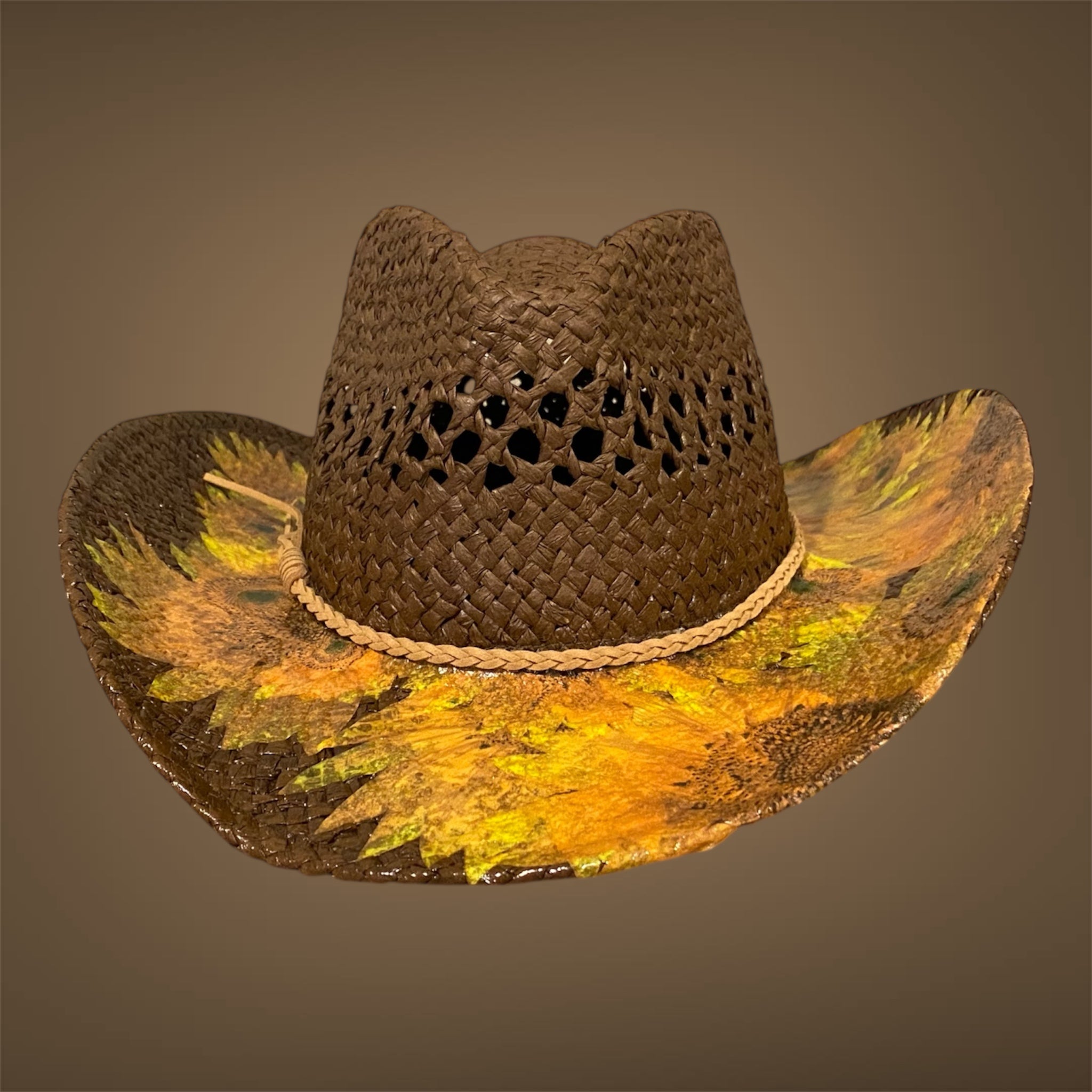 Decoupage Straw Cowboy  Hat: OOAK Custom Rancher Hat, Chocolate with Sunflowers