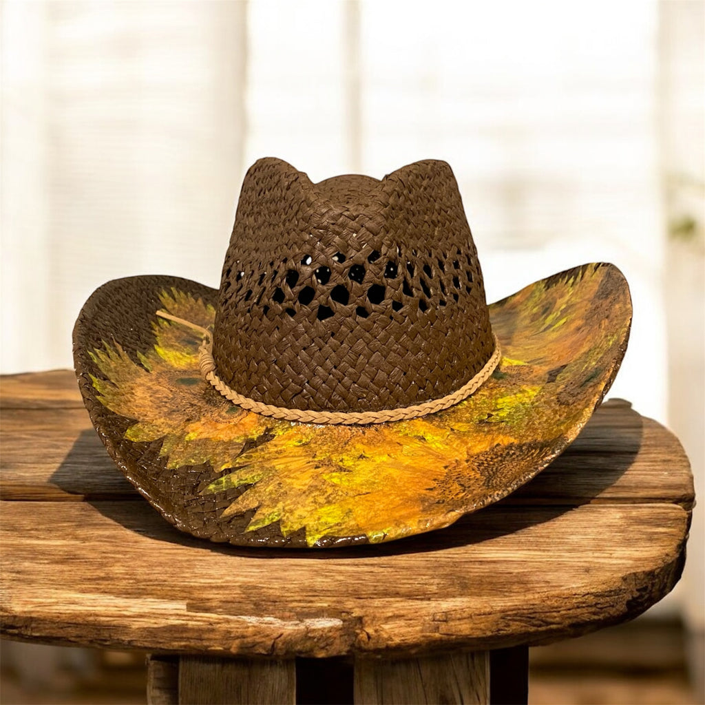 Decoupage Straw Cowboy  Hat: OOAK Custom Rancher Hat, Chocolate with Sunflowers