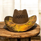 Decoupage Straw Cowboy  Hat: OOAK Custom Rancher Hat, Chocolate with Sunflowers