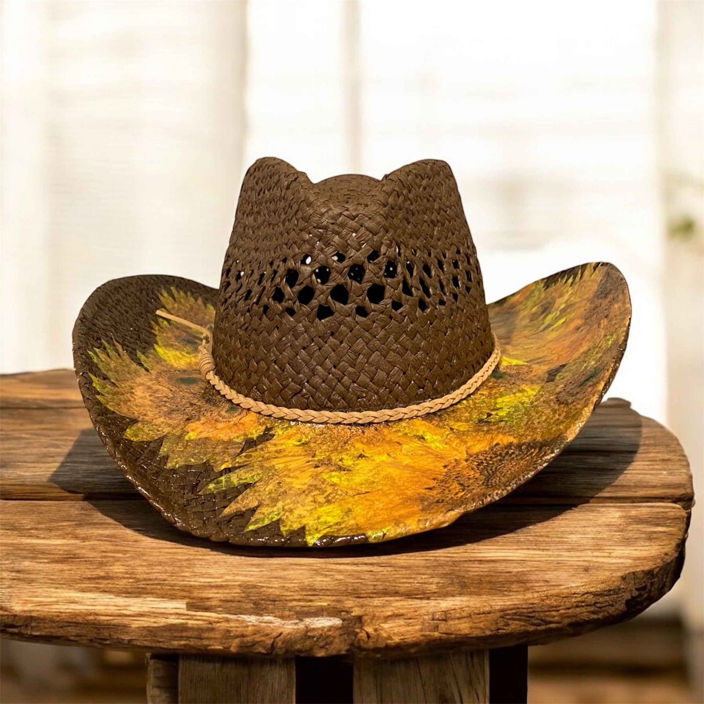 "Sunflowers": Custom Decoupage Straw-Raffia Cowboy  Hat, Teardrop Crown