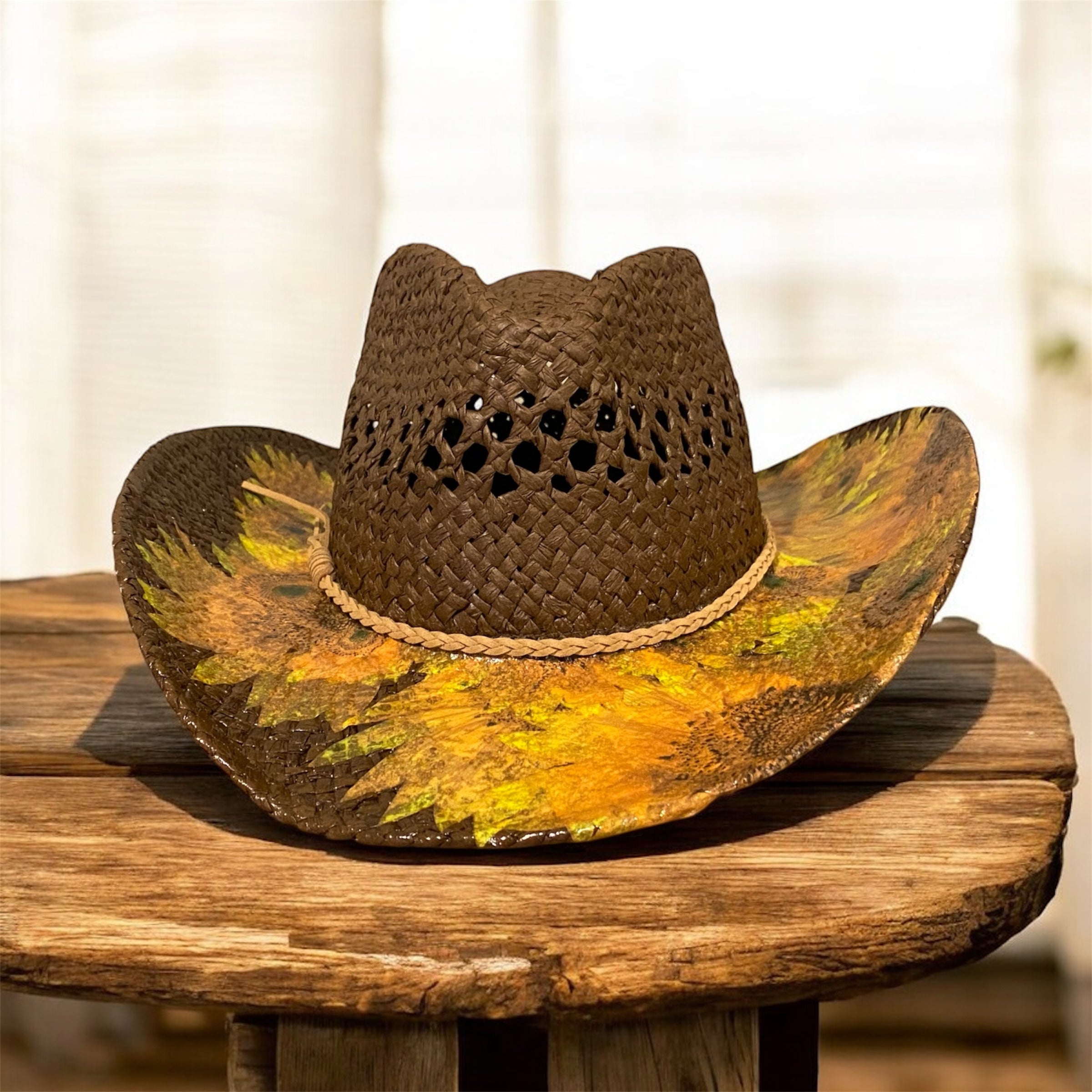 Decoupage Straw Cowboy  Hat: OOAK Custom Rancher Hat, Chocolate with Sunflowers