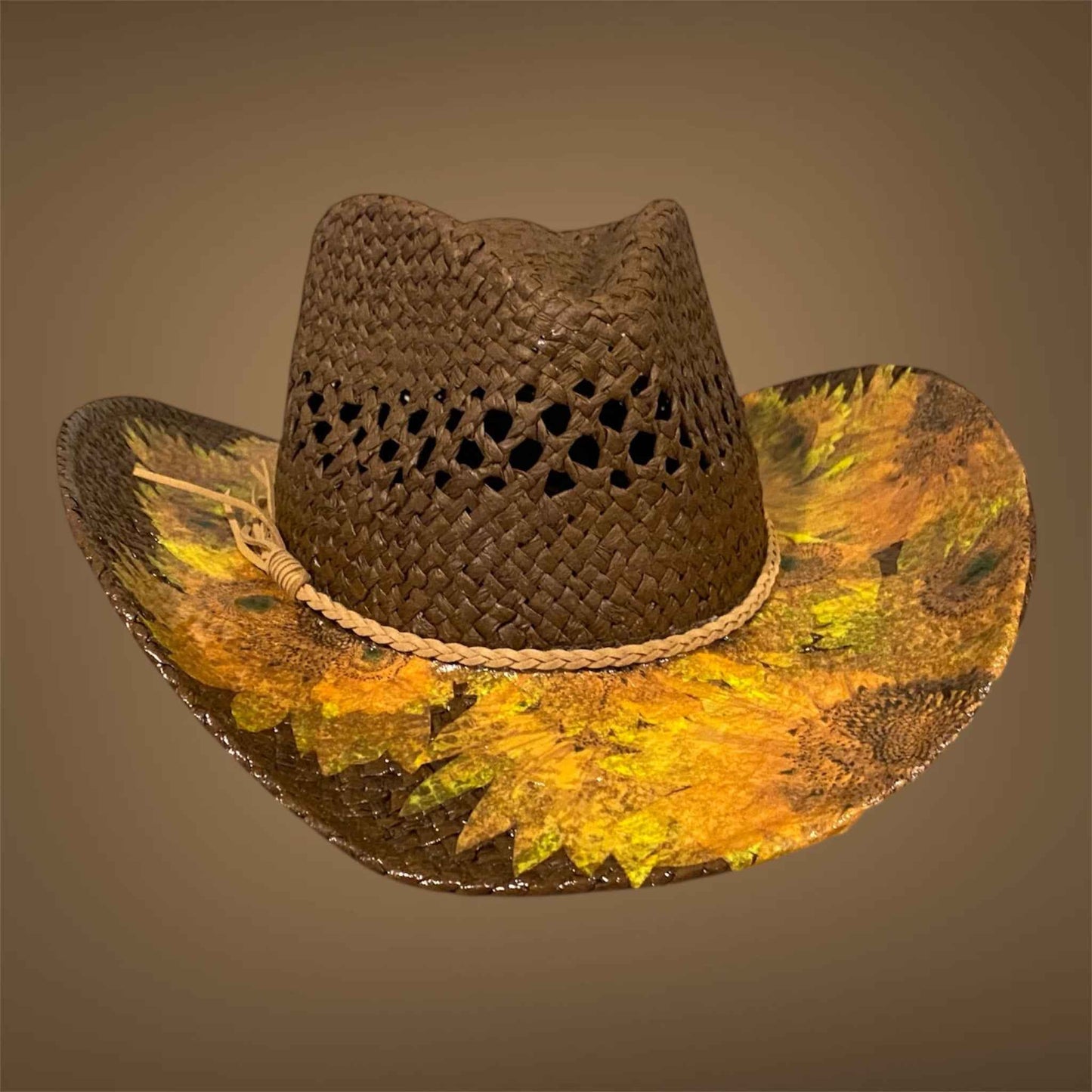 "Sunflowers": Custom Decoupage Straw-Raffia Cowboy  Hat, Teardrop Crown