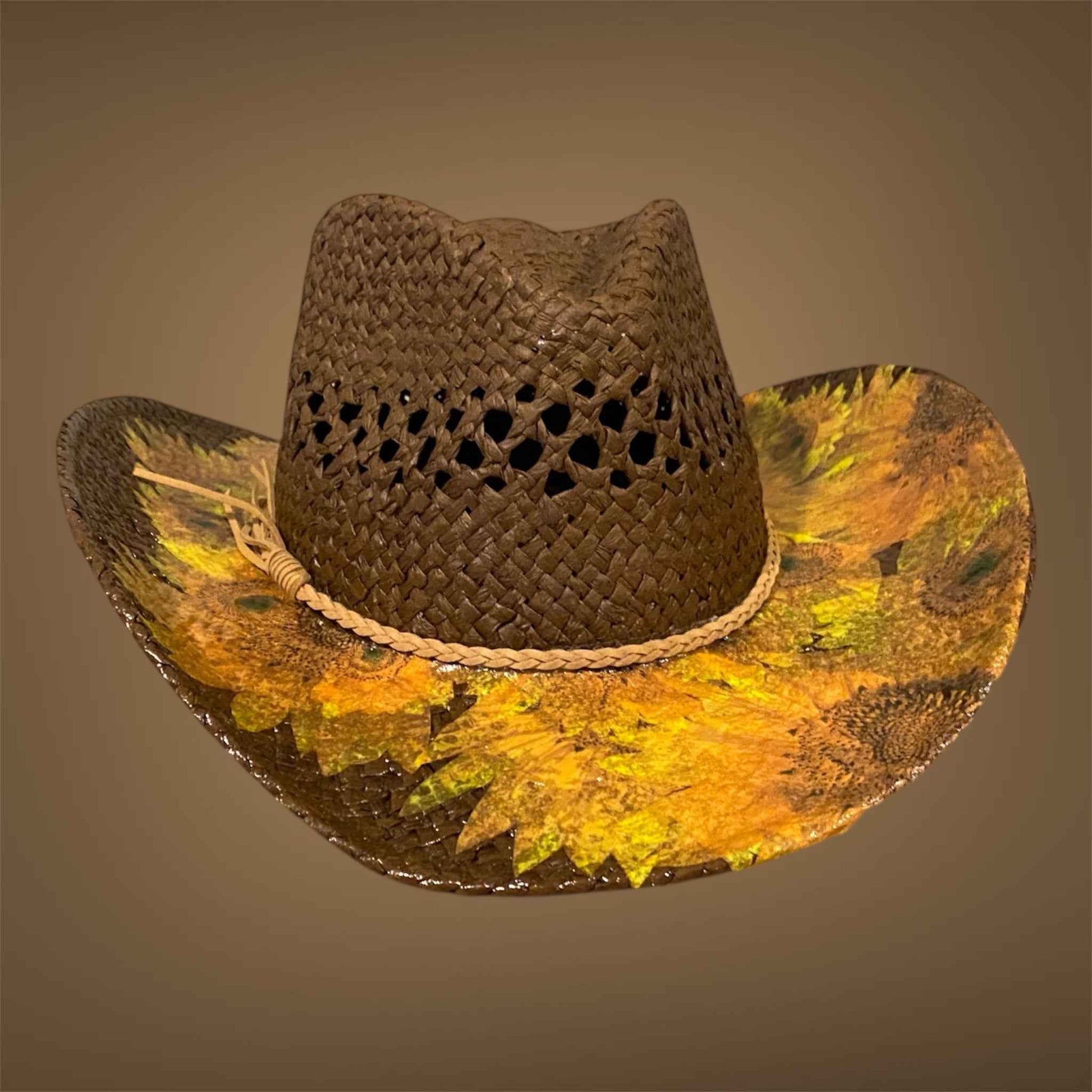 "Sunflowers": Custom Decoupage Straw-Raffia Cowboy  Hat, Teardrop Crown
