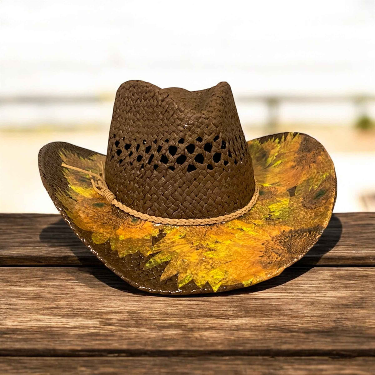 "Sunflowers": Custom Decoupage Straw-Raffia Cowboy  Hat, Teardrop Crown