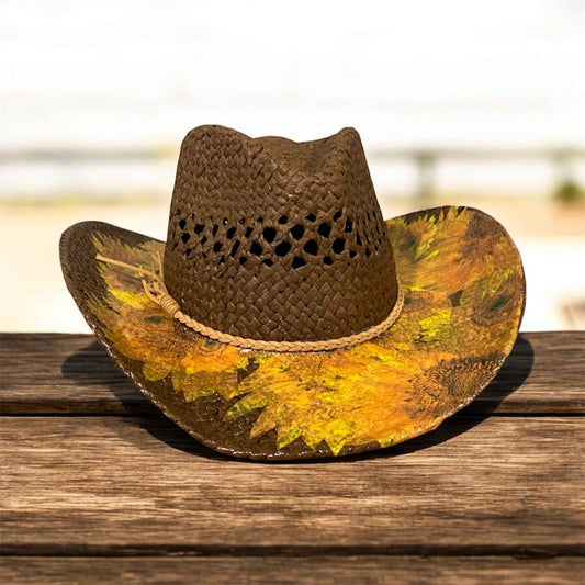 "Sunflowers": Custom Decoupage Straw-Raffia Cowboy  Hat, Teardrop Crown