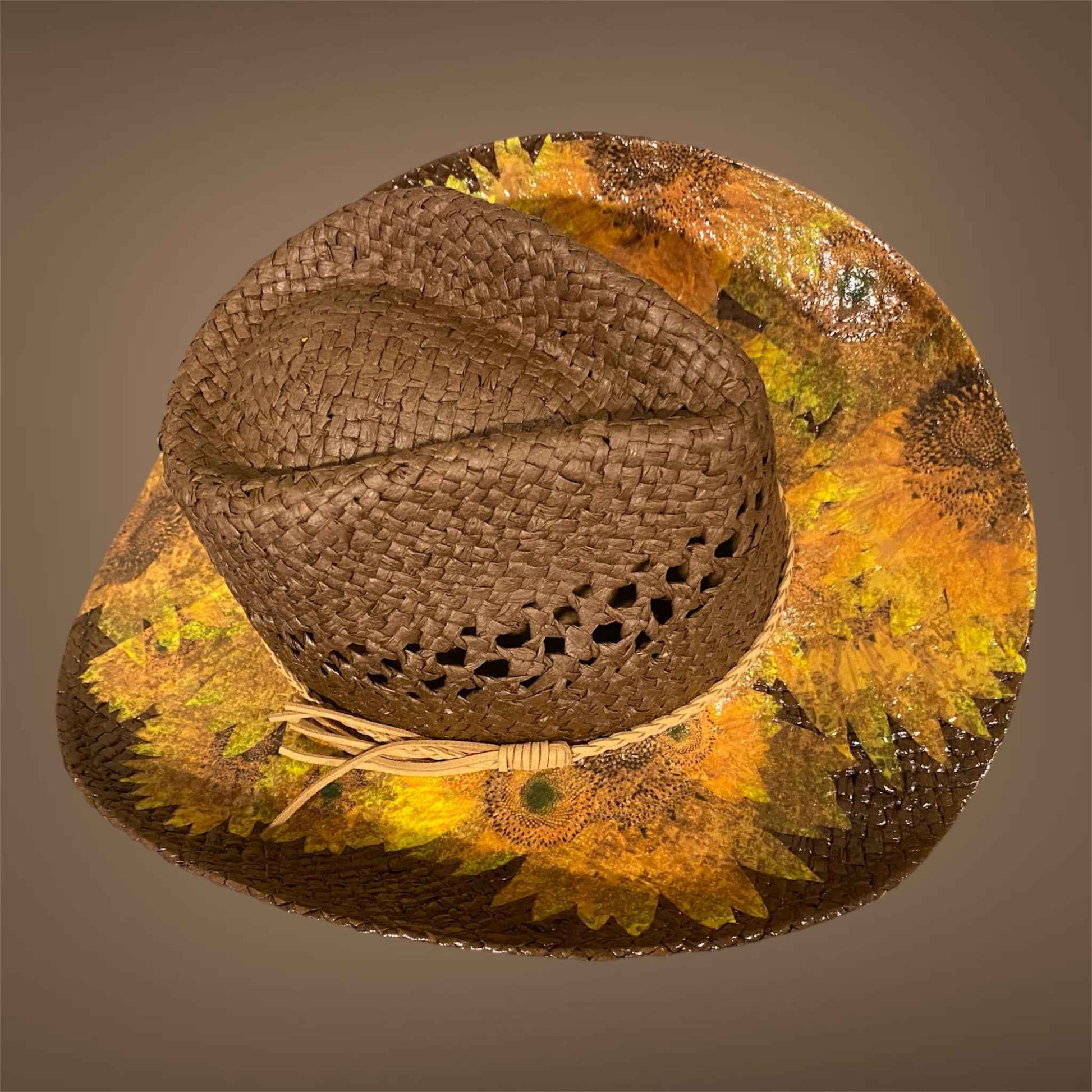 "Sunflowers": Custom Decoupage Straw-Raffia Cowboy  Hat, Teardrop Crown