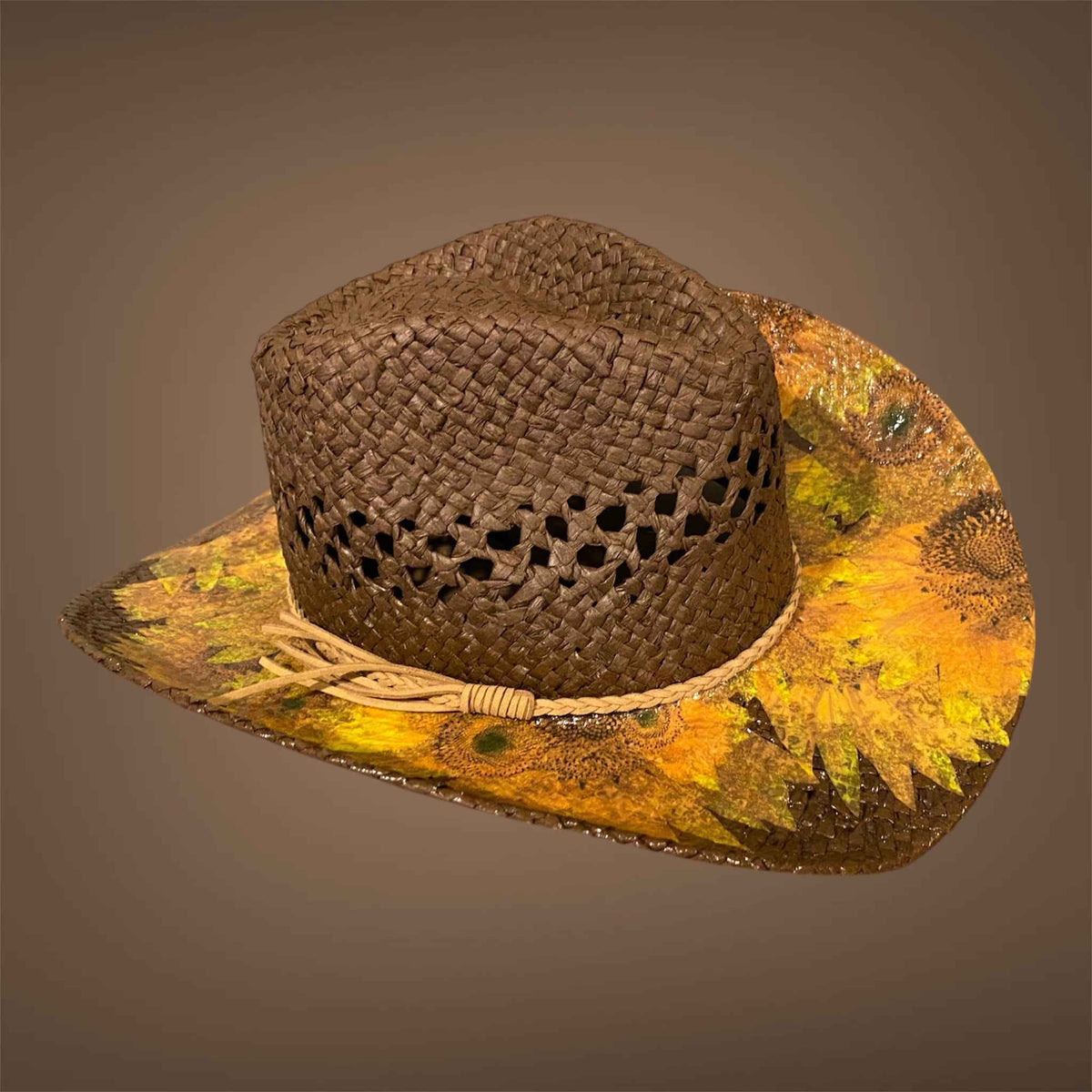 "Sunflowers": Custom Decoupage Straw-Raffia Cowboy  Hat, Teardrop Crown