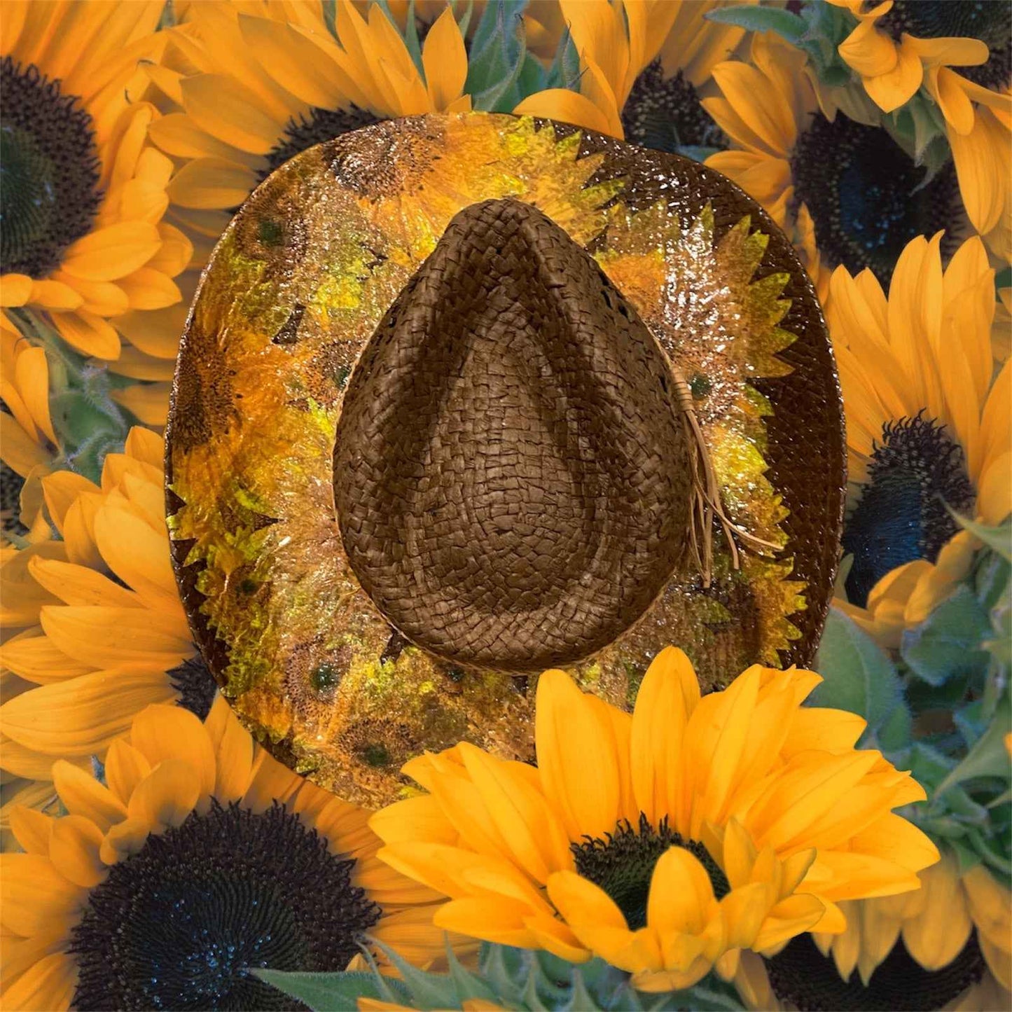 "Sunflowers": Custom Decoupage Straw-Raffia Cowboy  Hat, Teardrop Crown