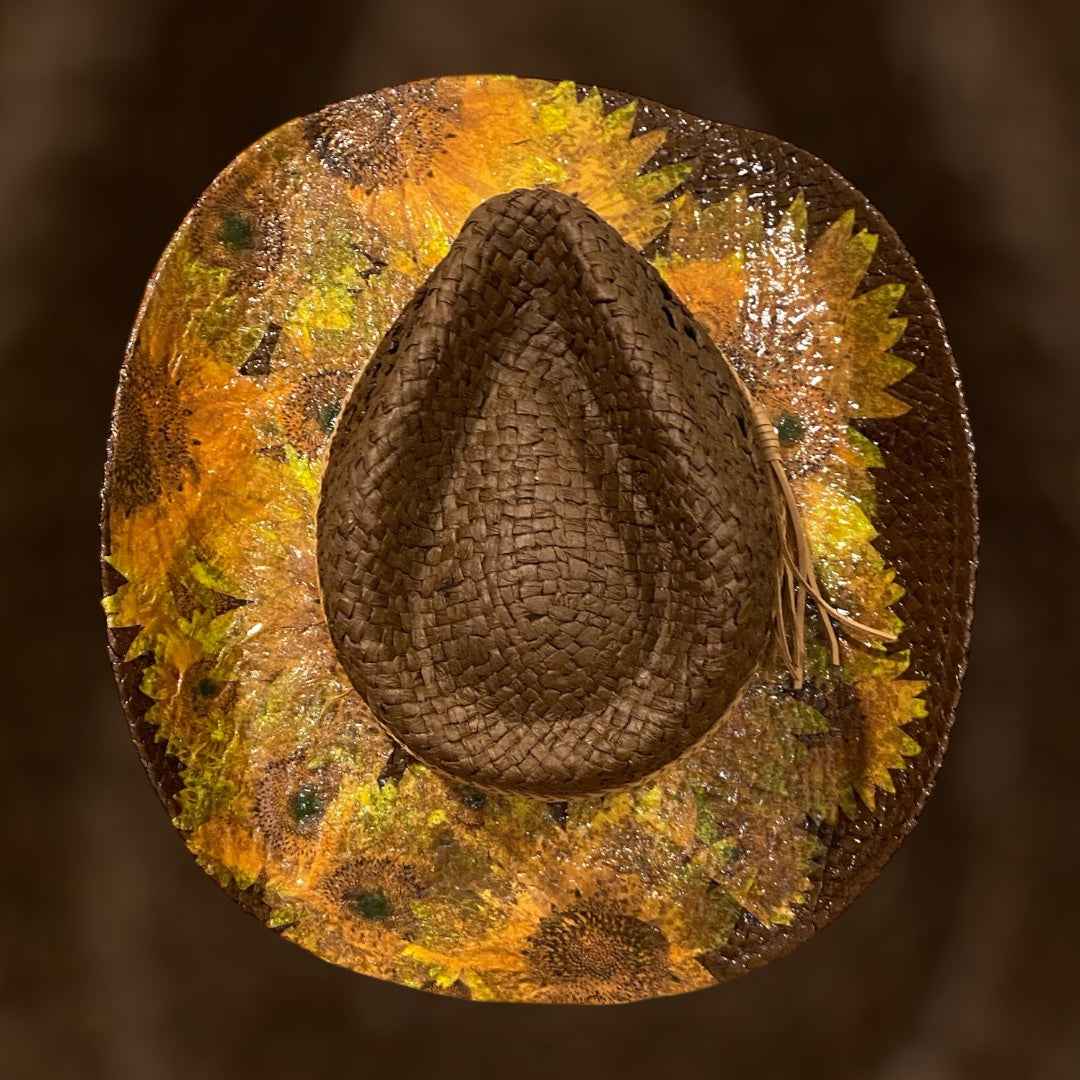 "Sunflowers": Custom Decoupage Straw-Raffia Cowboy  Hat, Teardrop Crown