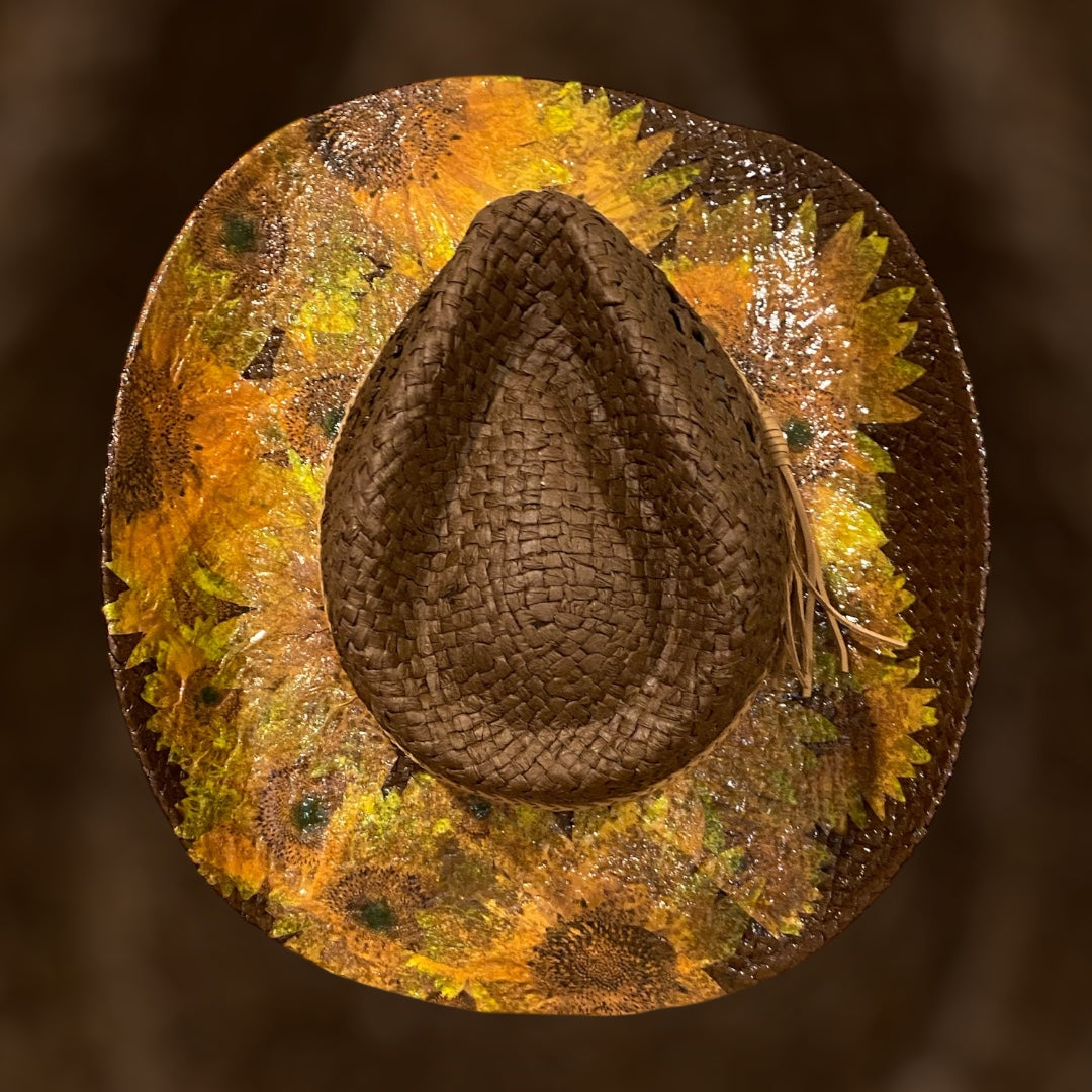 Decoupage Straw Cowboy  Hat: OOAK Custom Rancher Hat, Chocolate with Sunflowers