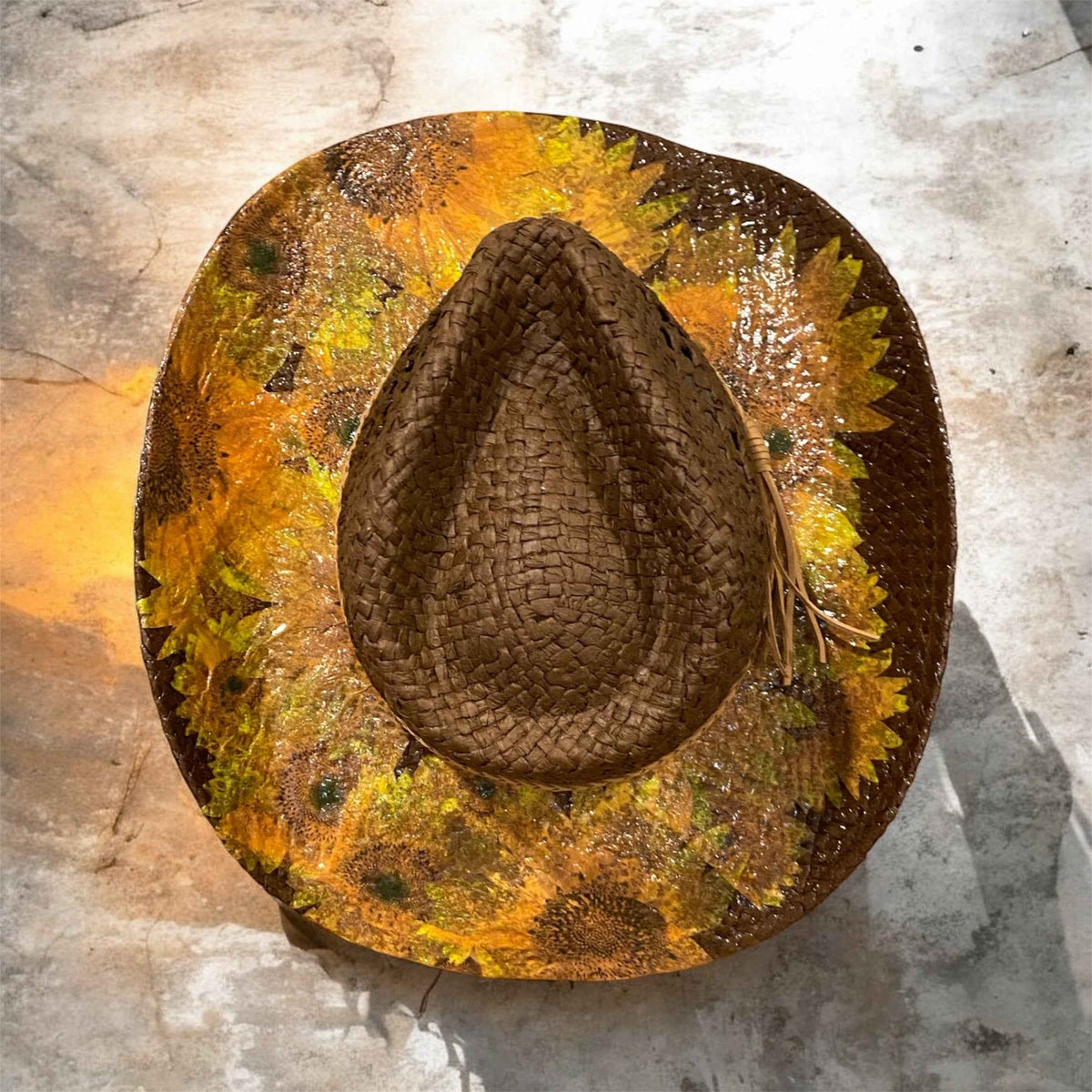 "Sunflowers": Custom Decoupage Straw-Raffia Cowboy  Hat, Teardrop Crown