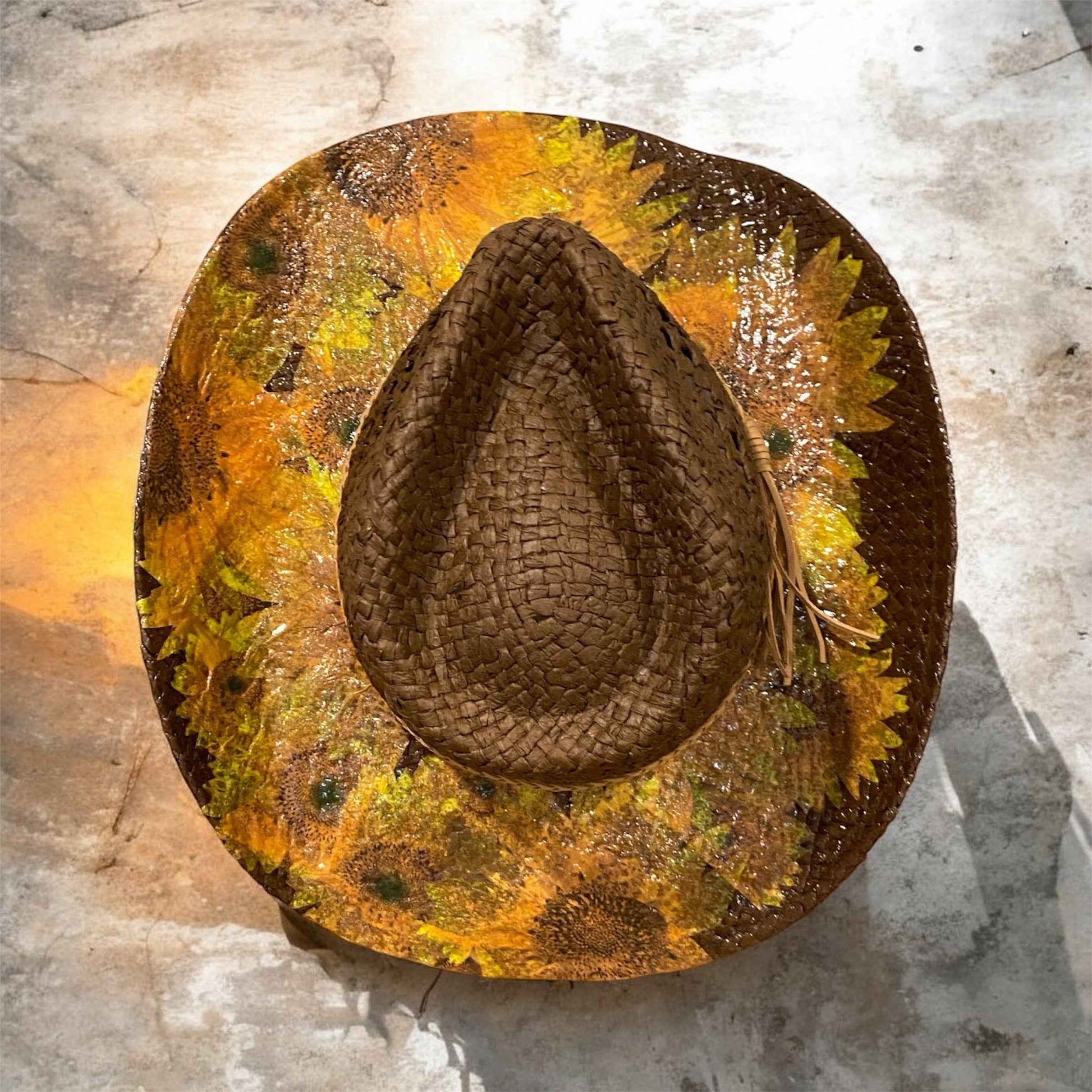 "Sunflowers": Custom Decoupage Straw-Raffia Cowboy  Hat, Teardrop Crown