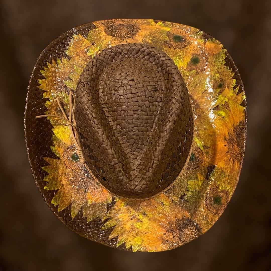 "Sunflowers": Custom Decoupage Straw-Raffia Cowboy  Hat, Teardrop Crown