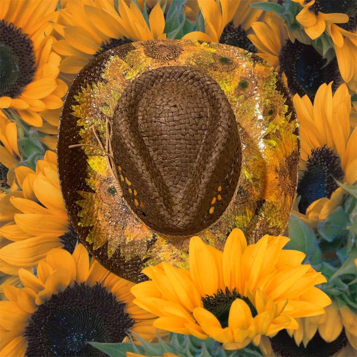 "Sunflowers": Custom Decoupage Straw-Raffia Cowboy  Hat, Teardrop Crown