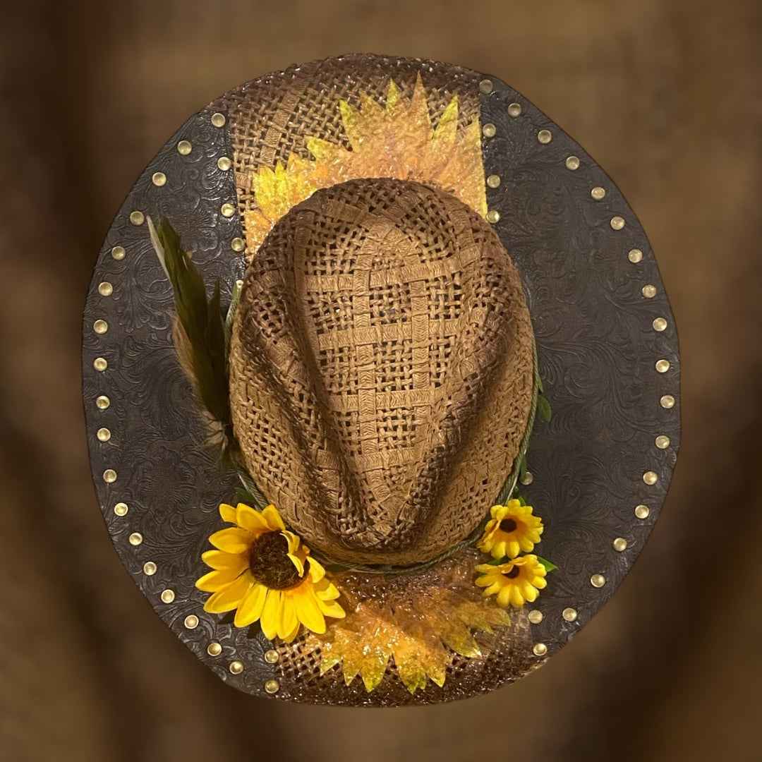 "Sunflower Days": Custom Straw-Raffia Rancher Hat, Decoupage, Teardrop Crown