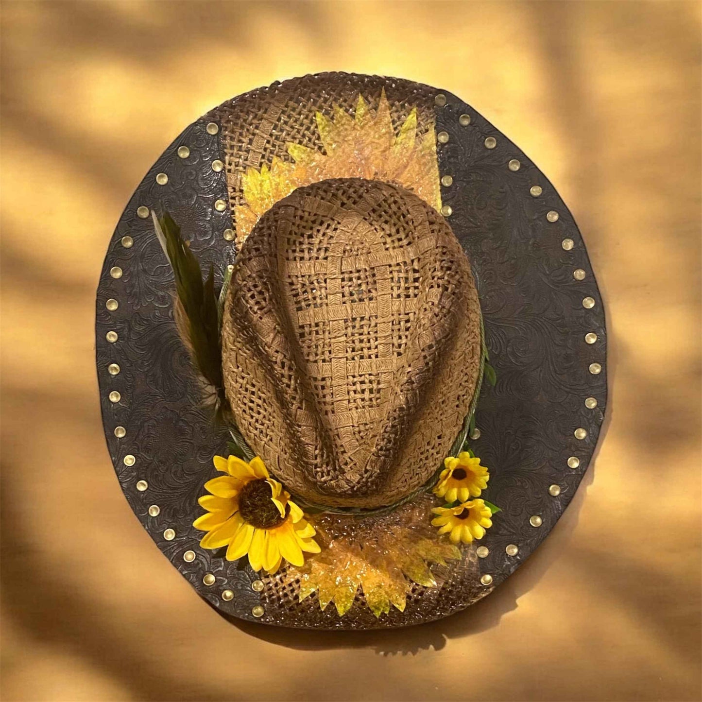 "Sunflower Days": Custom Straw-Raffia Rancher Hat, Decoupage, Teardrop Crown