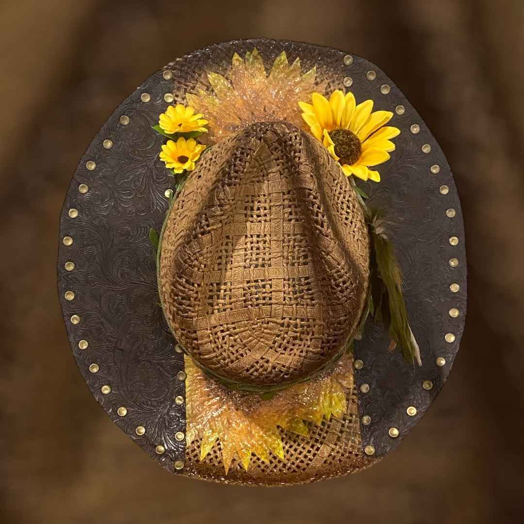 "Sunflower Days": Custom Straw-Raffia Rancher Hat, Decoupage, Teardrop Crown