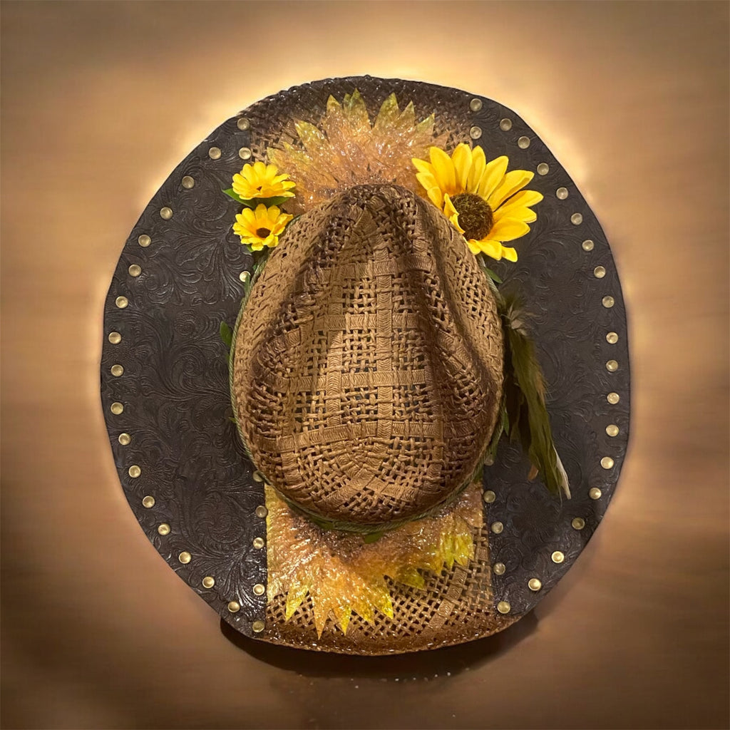 Custom Straw Rancher Hat: OOAK embossed leathers, rivets and decoupage