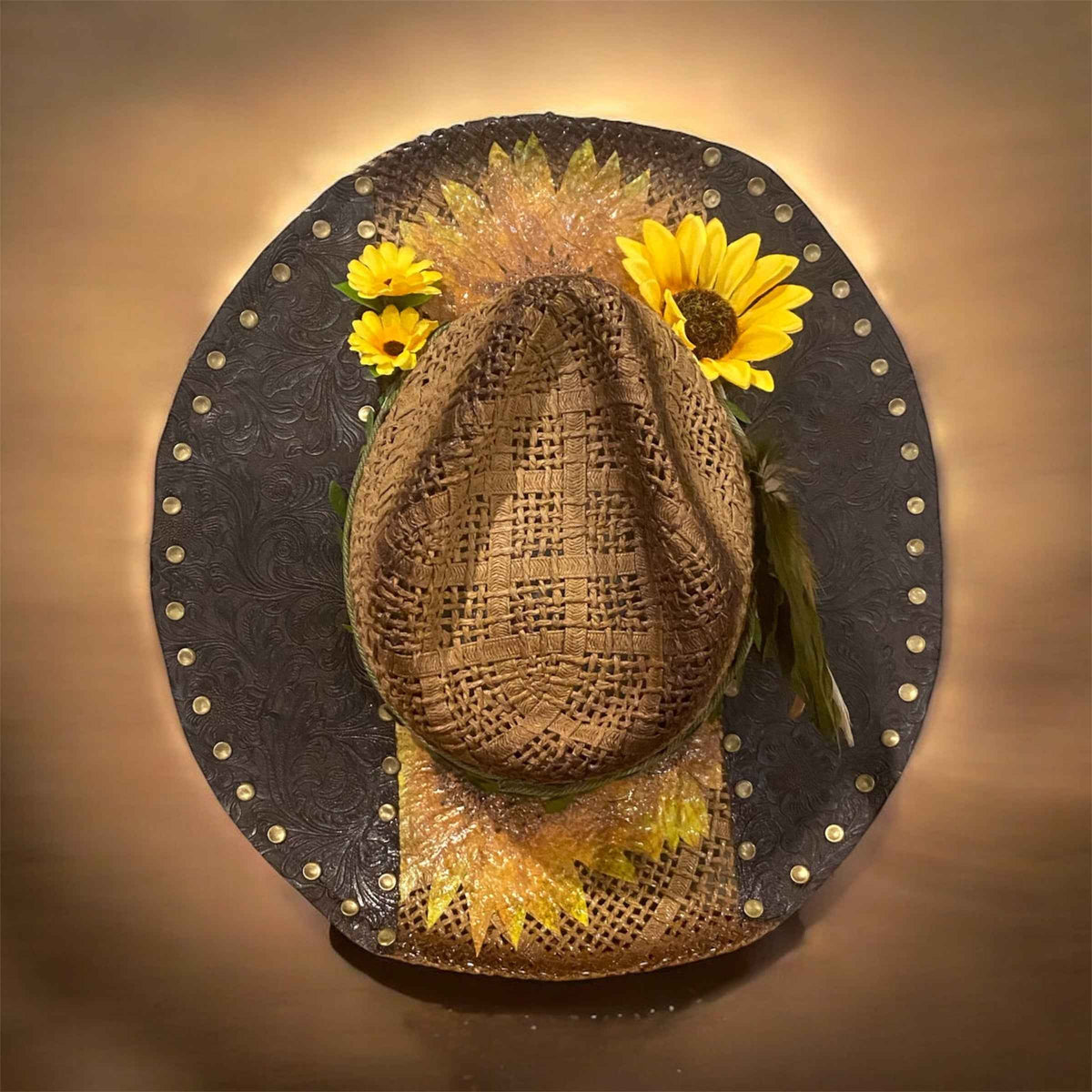 "Sunflower Days": Custom Straw-Raffia Rancher Hat, Decoupage, Teardrop Crown