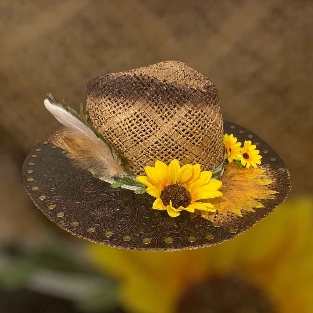 "Sunflower Days": Custom Straw-Raffia Rancher Hat, Decoupage, Teardrop Crown