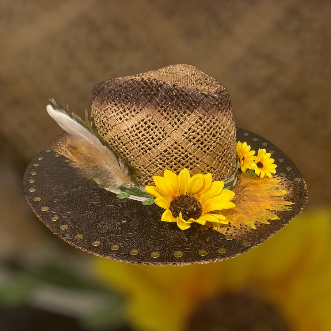 Custom Straw Rancher Hat: OOAK embossed leathers, rivets and decoupage