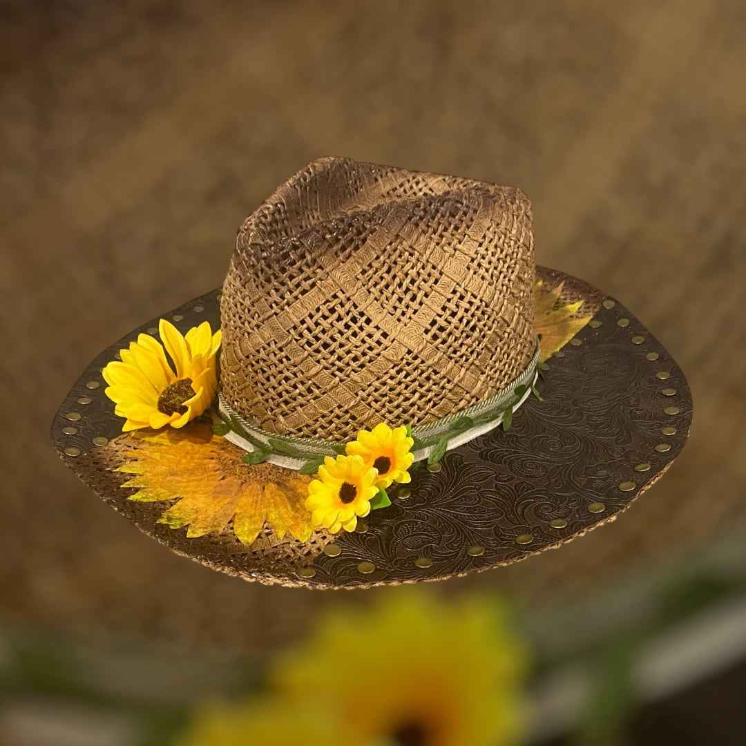 "Sunflower Days": Custom Straw-Raffia Rancher Hat, Decoupage, Teardrop Crown