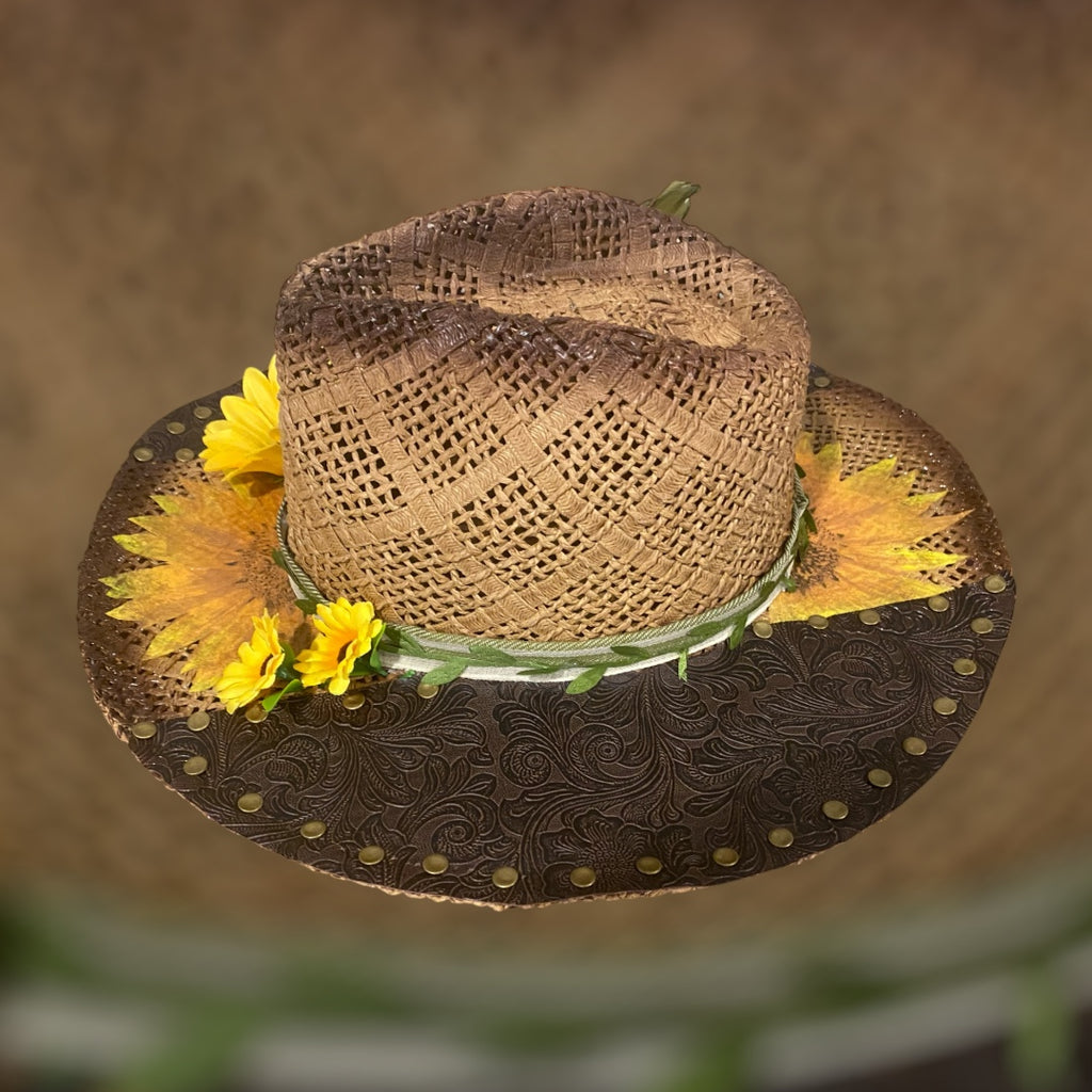 Custom Straw Rancher Hat: OOAK embossed leathers, rivets and decoupage