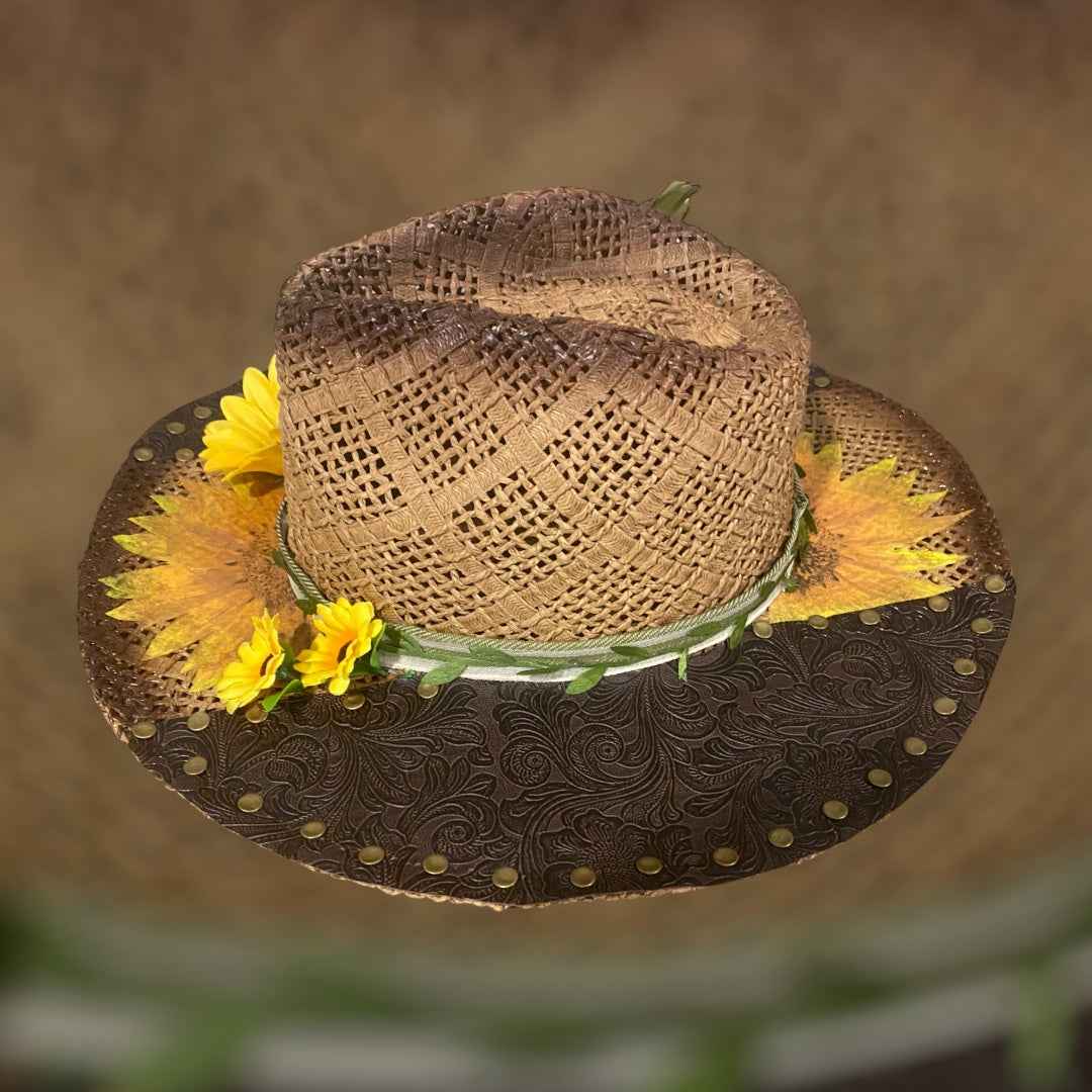 "Sunflower Days": Custom Straw-Raffia Rancher Hat, Decoupage, Teardrop Crown