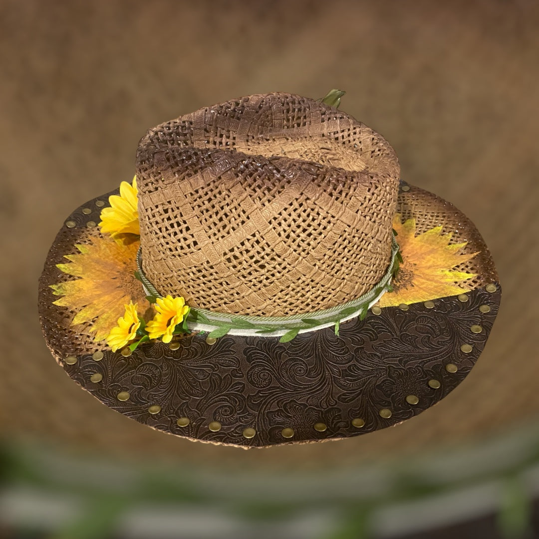 Custom Straw Rancher Hat: OOAK embossed leathers, rivets and decoupage