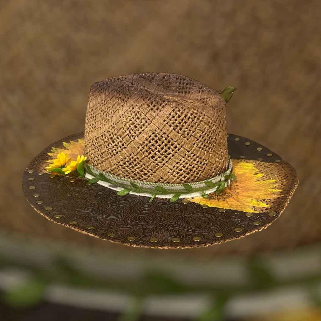 "Sunflower Days": Custom Straw-Raffia Rancher Hat, Decoupage, Teardrop Crown