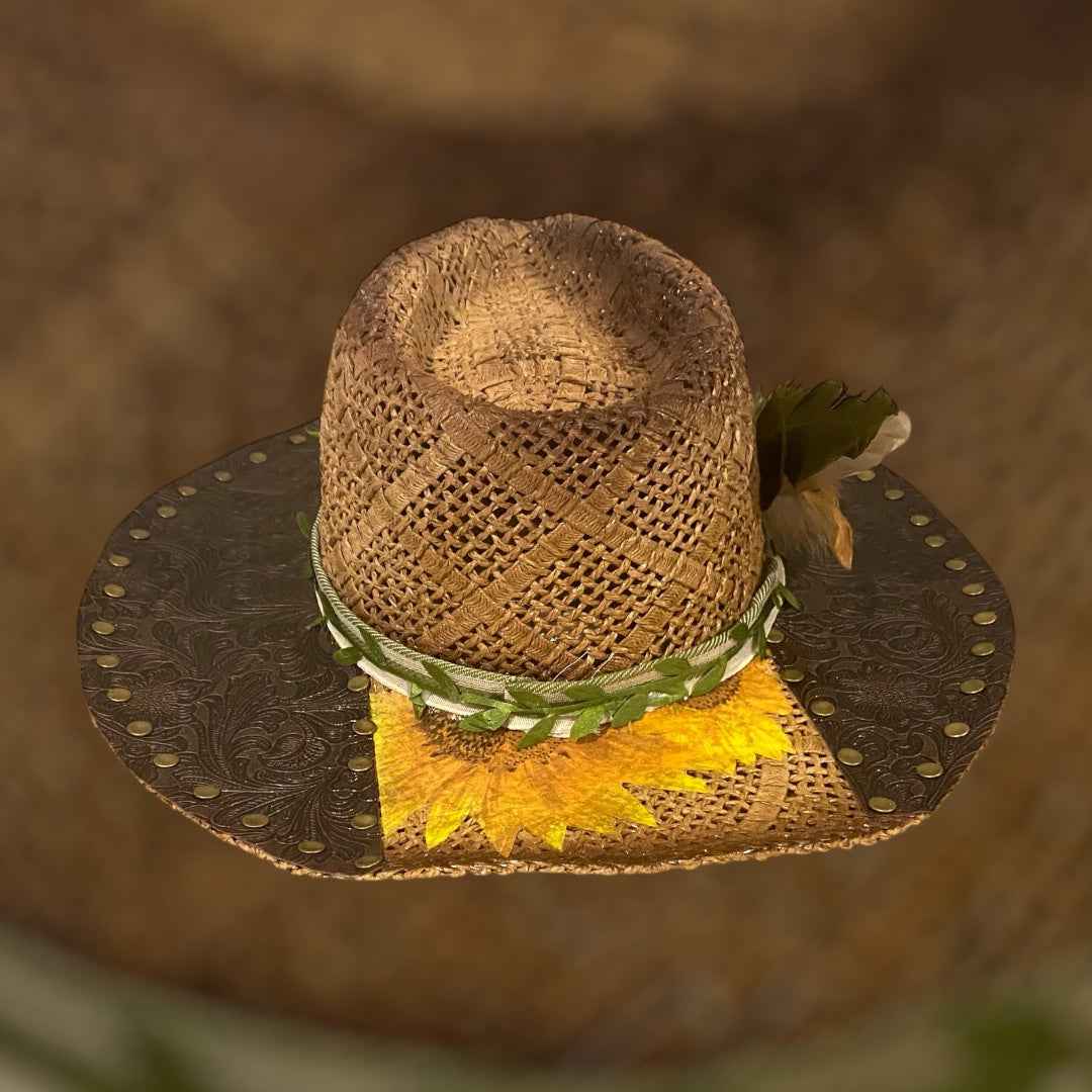 "Sunflower Days": Custom Straw-Raffia Rancher Hat, Decoupage, Teardrop Crown