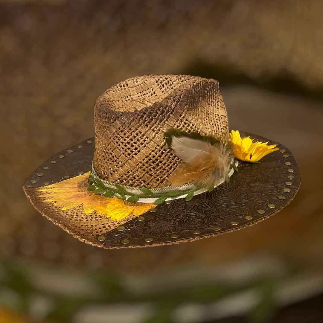 "Sunflower Days": Custom Straw-Raffia Rancher Hat, Decoupage, Teardrop Crown
