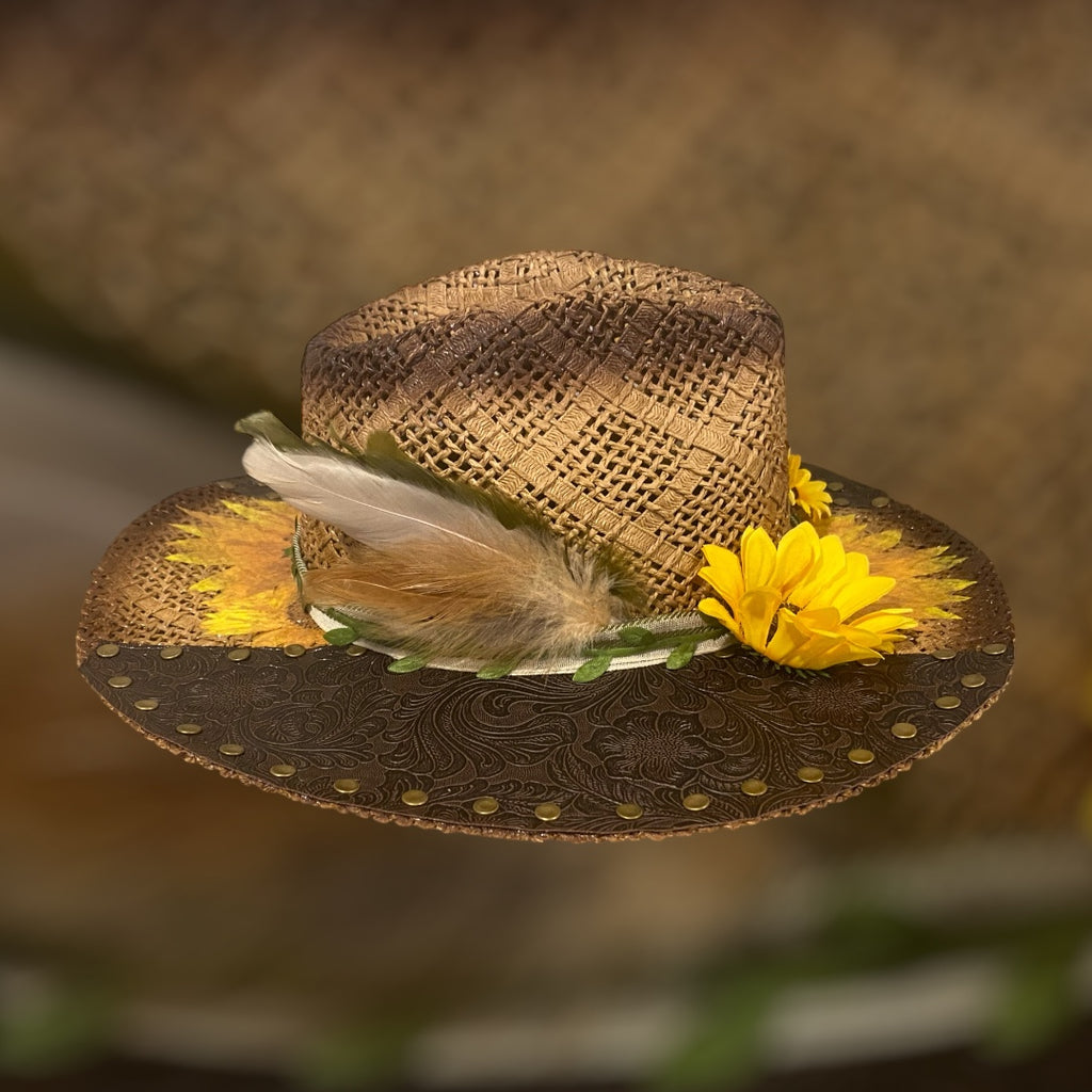 Custom Straw Rancher Hat: OOAK embossed leathers, rivets and decoupage