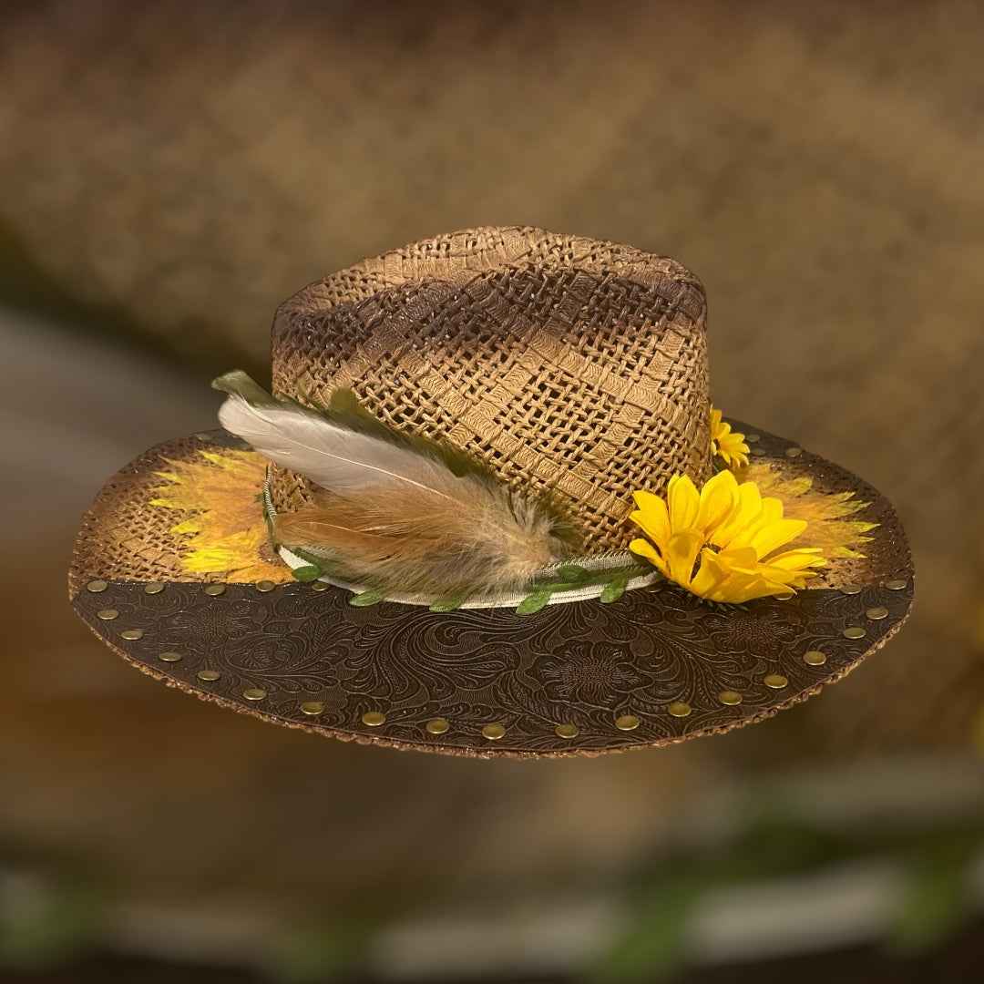 "Sunflower Days": Custom Straw-Raffia Rancher Hat, Decoupage, Teardrop Crown