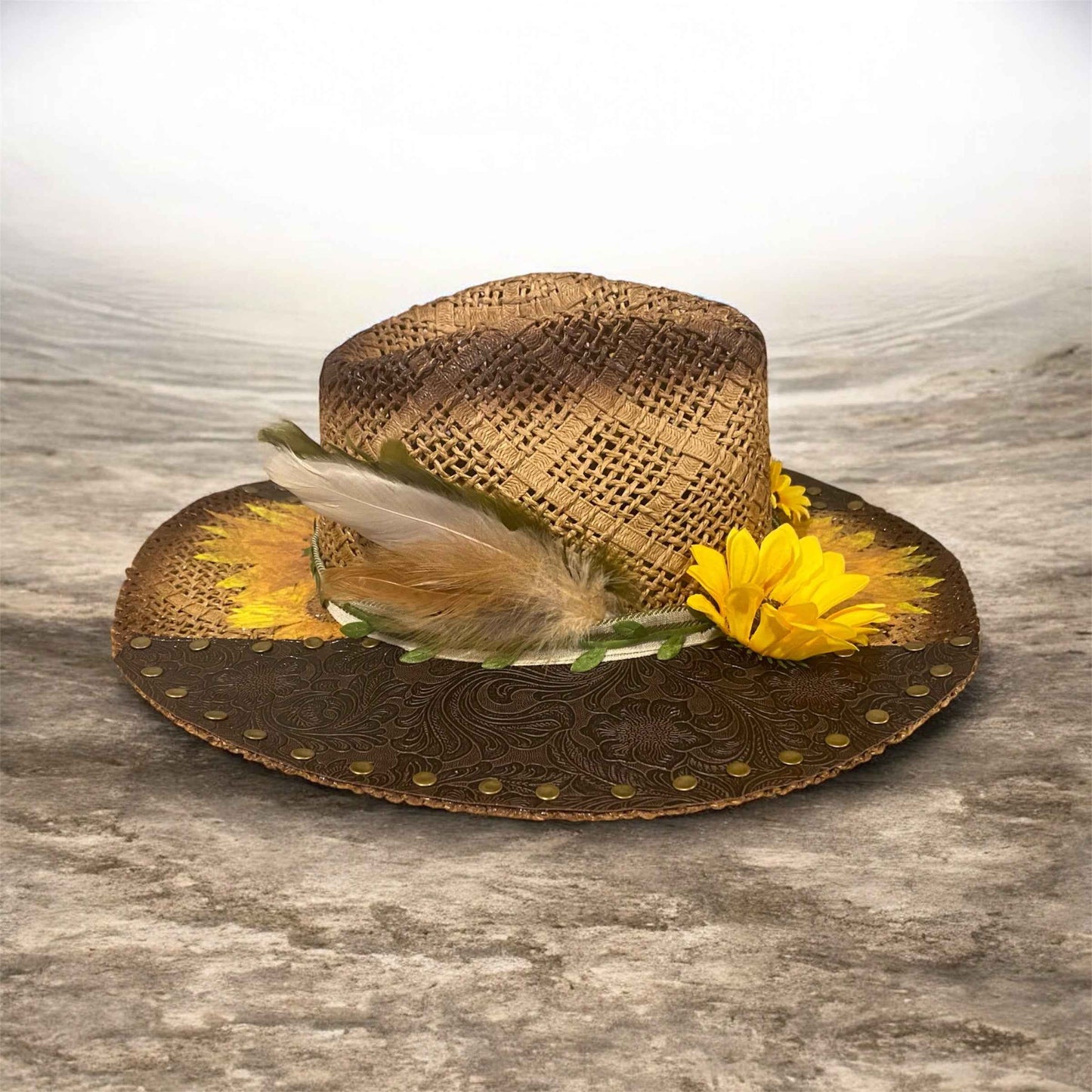 "Sunflower Days": Custom Straw-Raffia Rancher Hat, Decoupage, Teardrop Crown