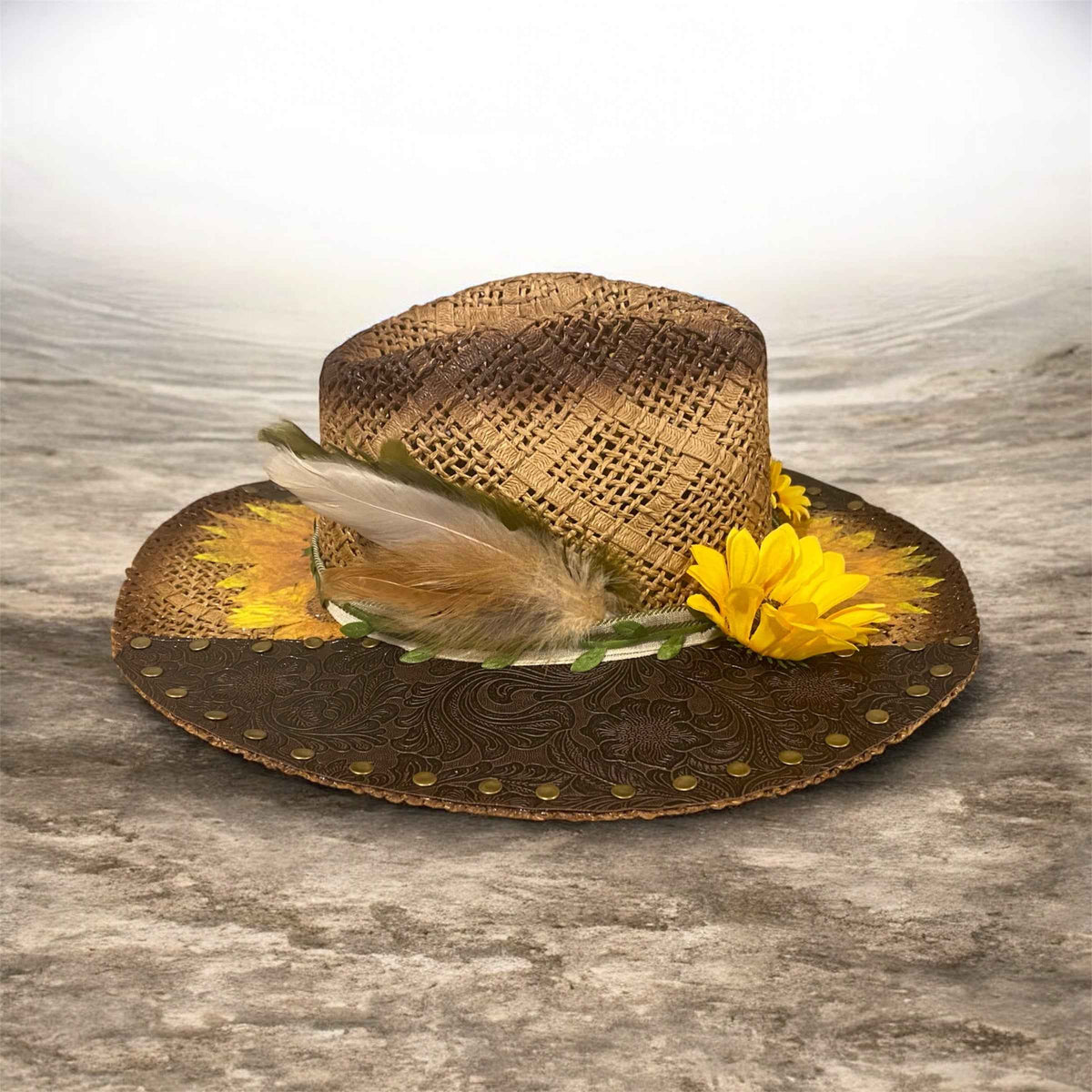 "Sunflower Days": Custom Straw-Raffia Rancher Hat, Decoupage, Teardrop Crown